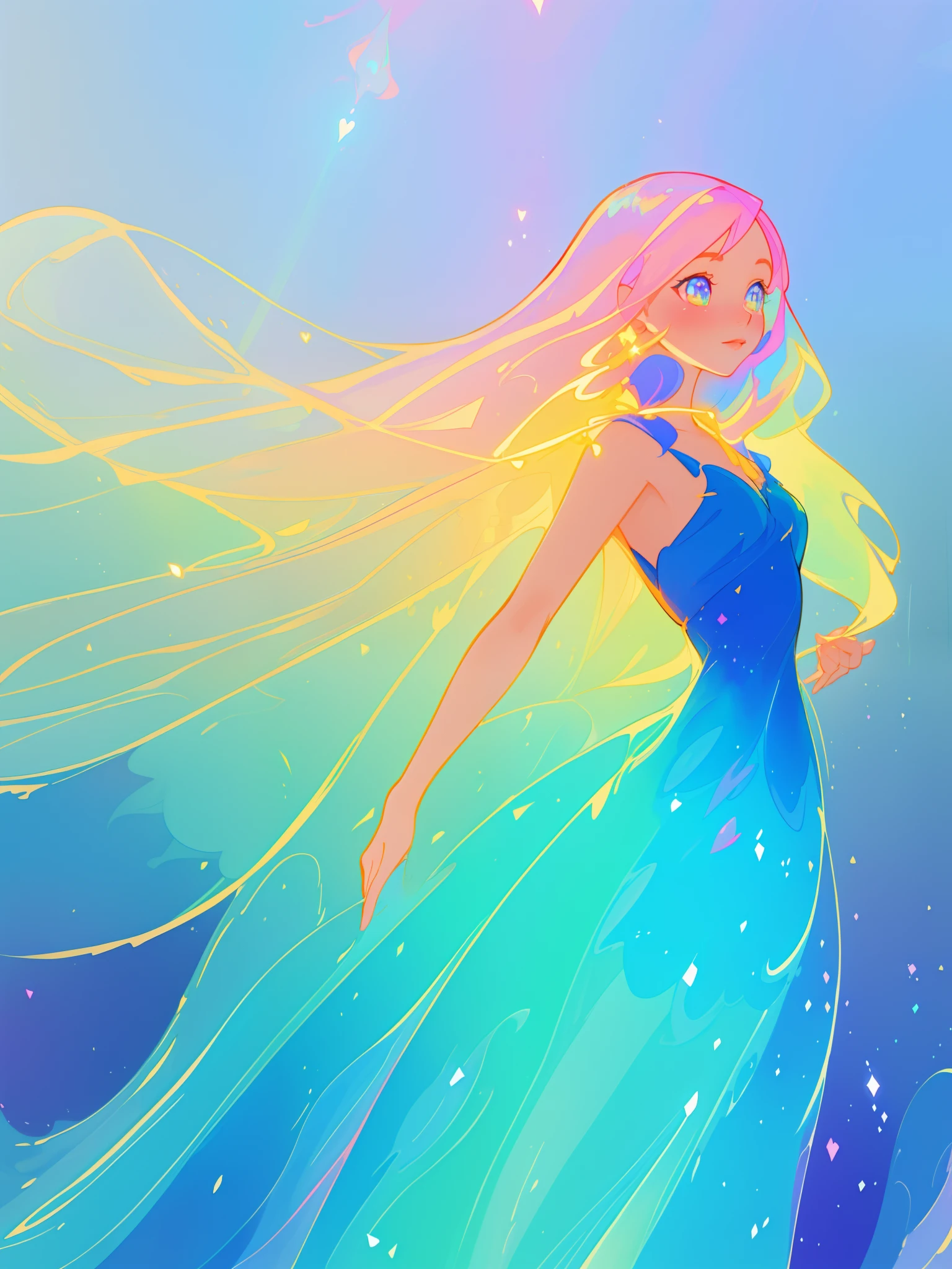 beautiful girl, flowing liquid dress, colorful flowing long hair, vibrant pastel colors, (colorful), magical lights, sparkling magical liquid, inspired by Glen Keane, inspired by Lois van Baarle, disney art style, by Lois van Baarle, glowing aura around her, by Glen Keane, jen bartel, glowing lights! digital painting, flowing glowing hair, glowing flowing hair, beautiful digital illustration, fantasia background, whimsical, magical, fantasy, ((beautiful face)), ((masterpiece, best quality)), intricate details, highly detailed, sharp focus, 8k resolution, sparkling detailed eyes, liquid watercolor
