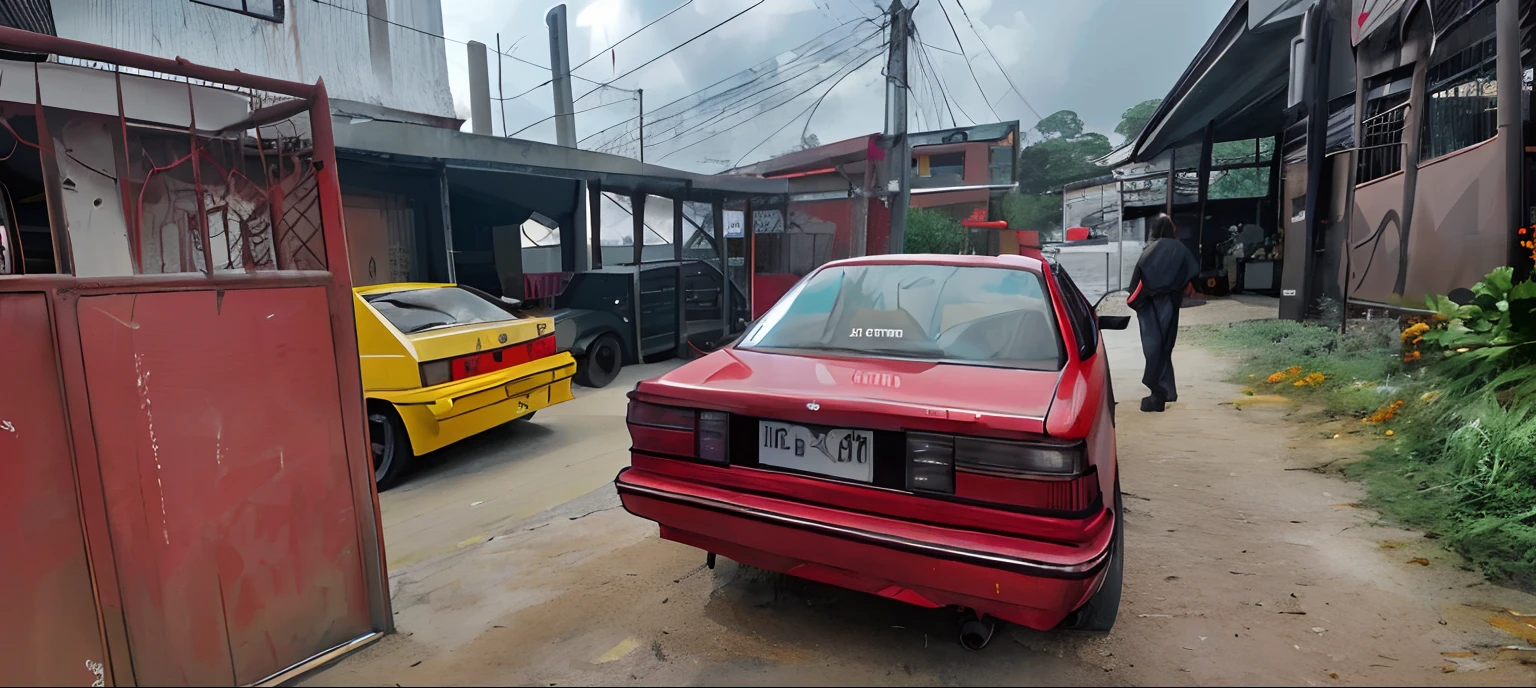 there is a red car parked in front of a yellow car, ae 8 6, toyota cresta, cars parked underneath, faded red and yelow, red car, it has a red and black paint, 80s red sports car, full view of a car, 2263539546], old school fpr, rear-shot