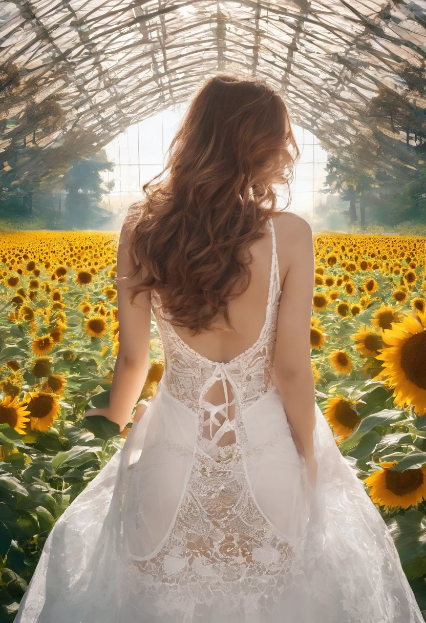 1 girl, ((raised huge round buttocks)), Wide A sunflower field in full bloom,Back view of a woman in Translucent white thong (underwear),long shot,wide view, commercial photography,award-winning photograph,(photorealistic),unity 8k wallpaper,(ultra detailed:1.3),(light_on_face:1.4),CanonEOS 5D MarkIV DSLR