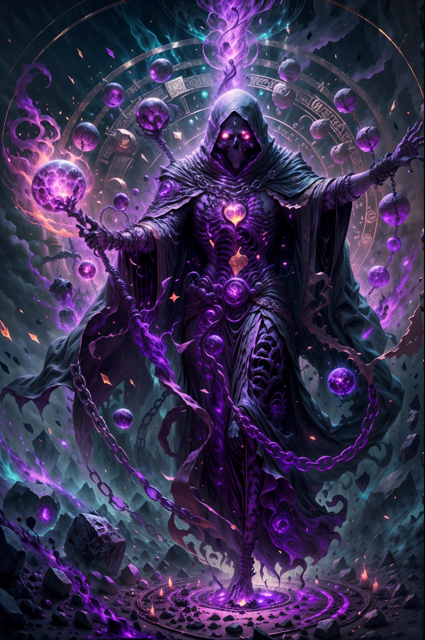 a dark runic skeleton lich, black gold skeleton, magical void energy, glowing eyes,holding a long staff with two hand, casting a spell, energy cracking, bone hand, dressed in a luxury cloak, astral skulls floating around, earth and rock floating with energy as the lich hold, Detailed glowing runic line floating around, bones and skulls lays on the ground, dark purple energy, floating in the air, energy chain, magic circle on the ground
