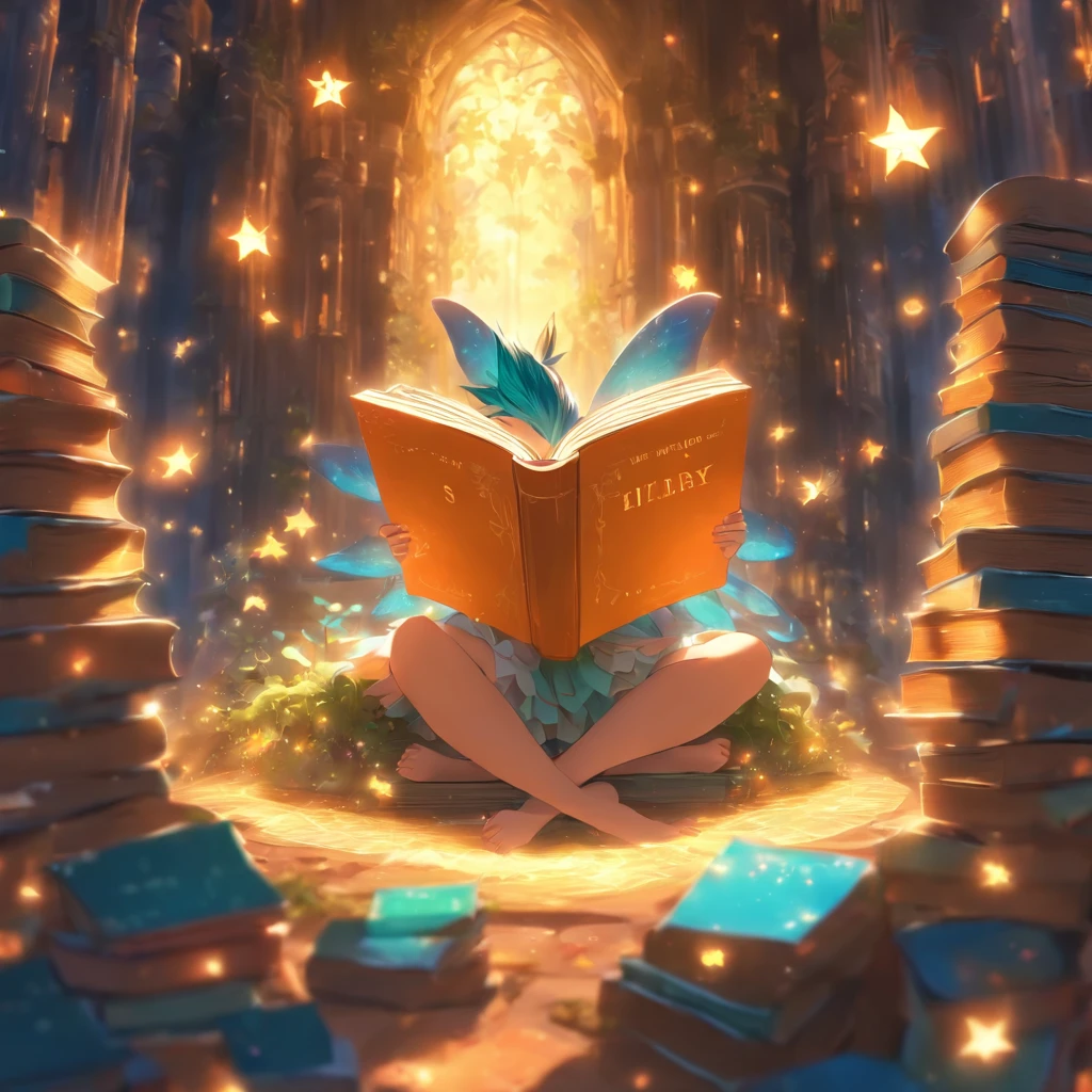 A small fairy reading a big book in a place with many books.