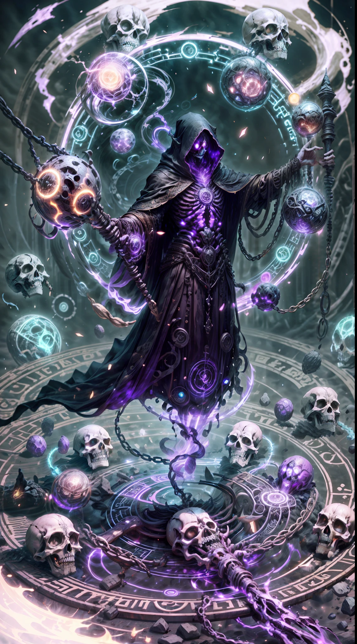 a dark runic skeleton lich, black gold skeleton, magical void energy, glowing eyes,holding a long staff with two hand, casting a spell, energy cracking, dressed in a luxury cloak, astral skulls floating around, earth and rock floating with energy as the lich hold, Detailed glowing runic line floating around, bones and skulls lays on the ground, dark purple energy, floating in the air, energy chain, magic circle on the ground