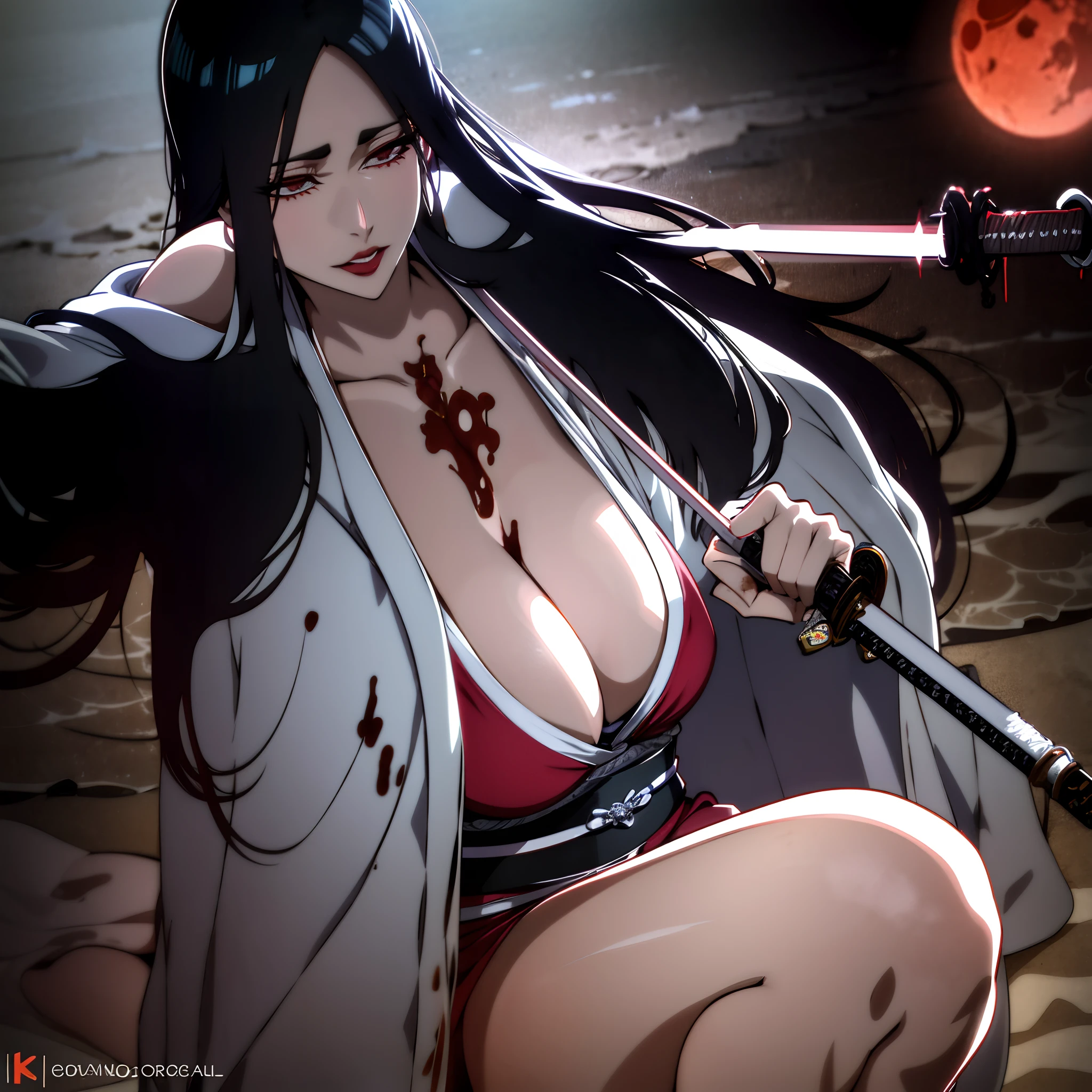 Solo,cleavage, haori, thick thighs, outstanding details, blood,big breasts ,red moon swim suit, kimono, parted lips, katana, beach