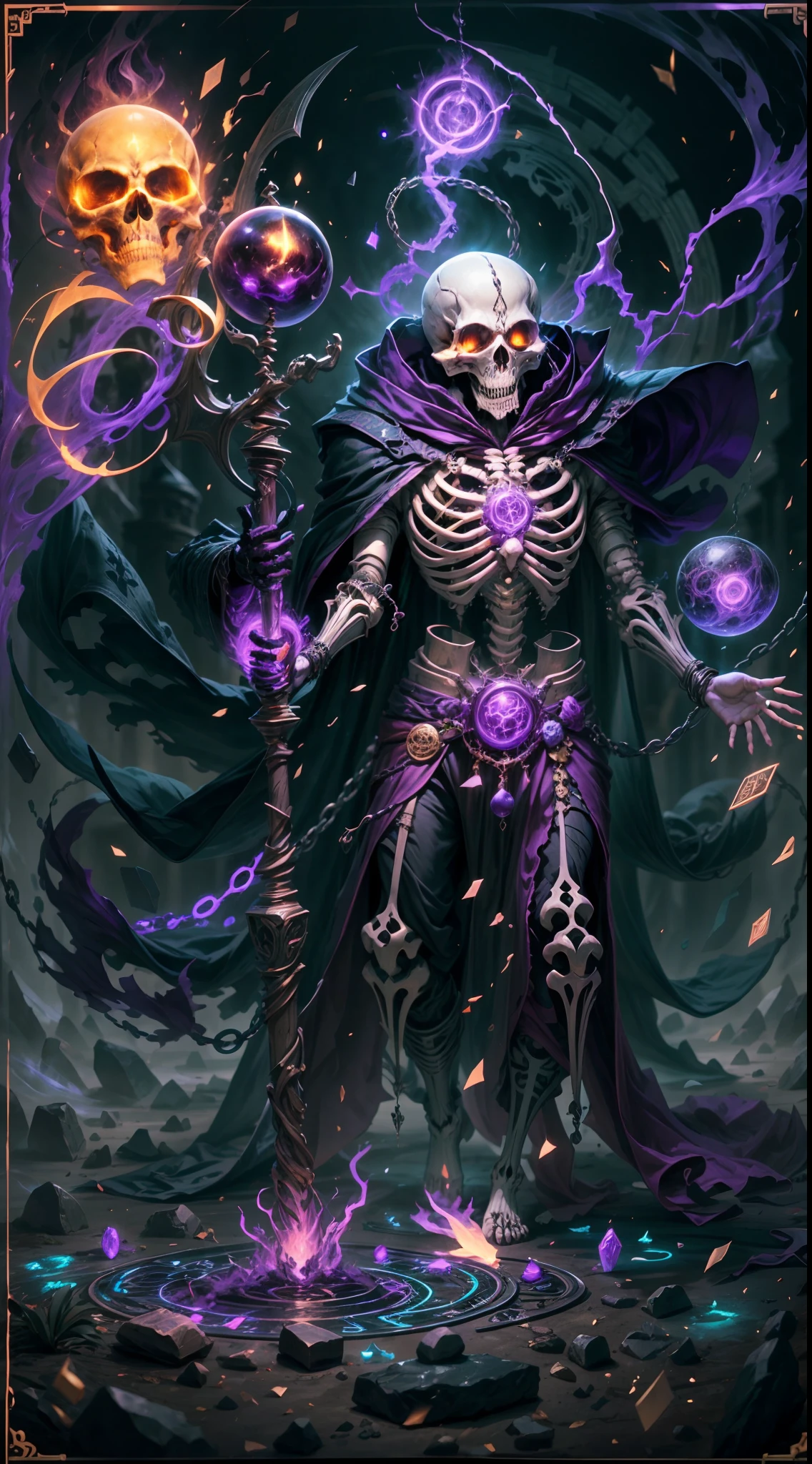 a dark runic skeleton lich, black gold skeleton, magical void energy, glowing eyes,holding a long staff with two hand, casting a spell, energy cracking, dressed in a luxury cloak, astral skulls floating around, earth and rock floating with energy as the lich hold, Detailed glowing runic line floating around, bones and skulls lays on the ground, dark purple energy, floating in the air, energy chain, magic circle on the ground