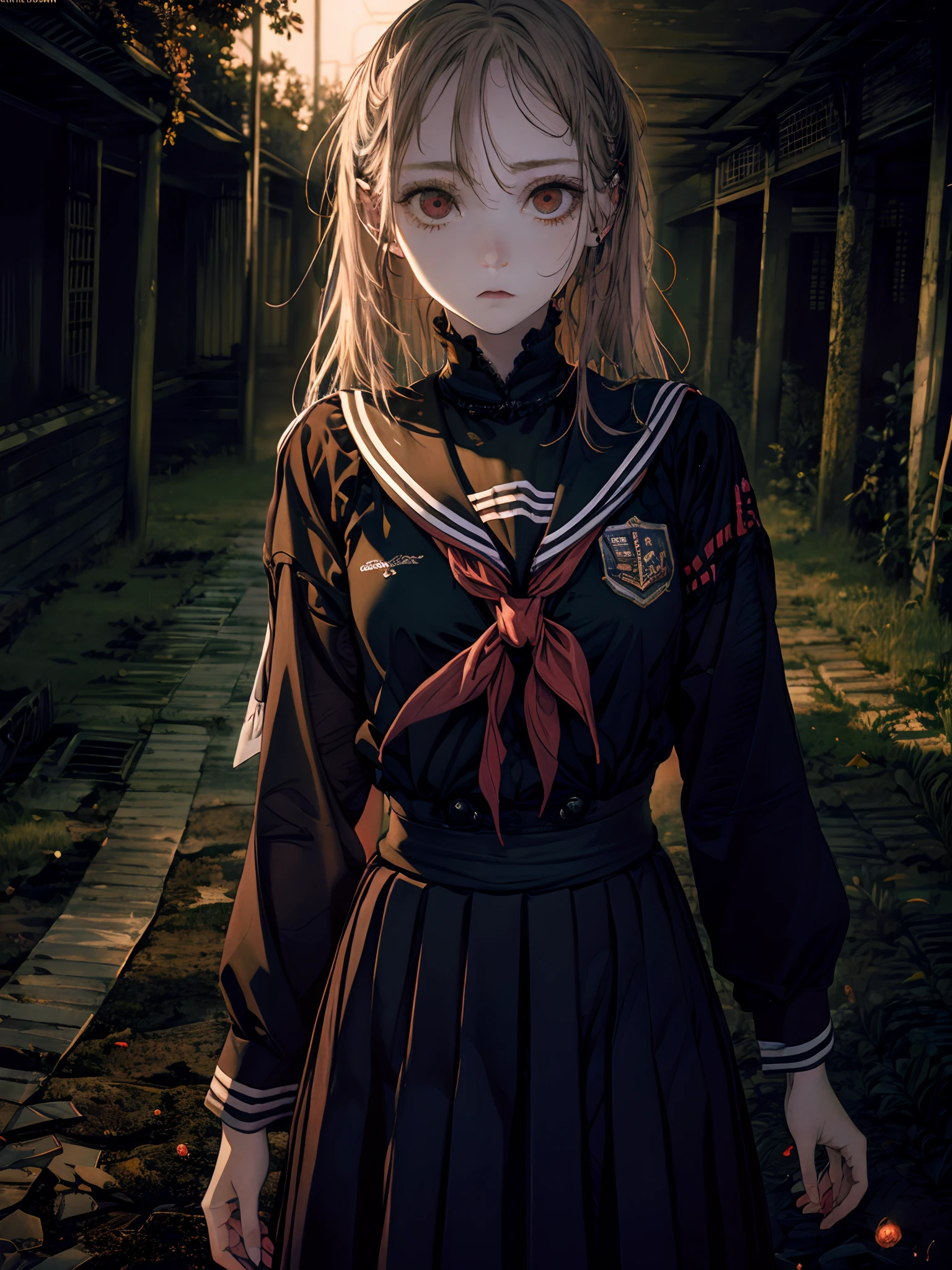 schoolgirls,Broken Video,school hallway,scary atmosphere,depth of fields,mood lighting,Farbe,nakeness,Spooky,soil,deep dark background,the complex background,Rich details,hight resolution,tmasterpiece,Storytelling images,