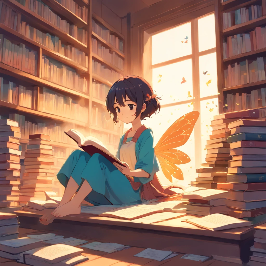 A small fairy reading a big book in a place with many books.