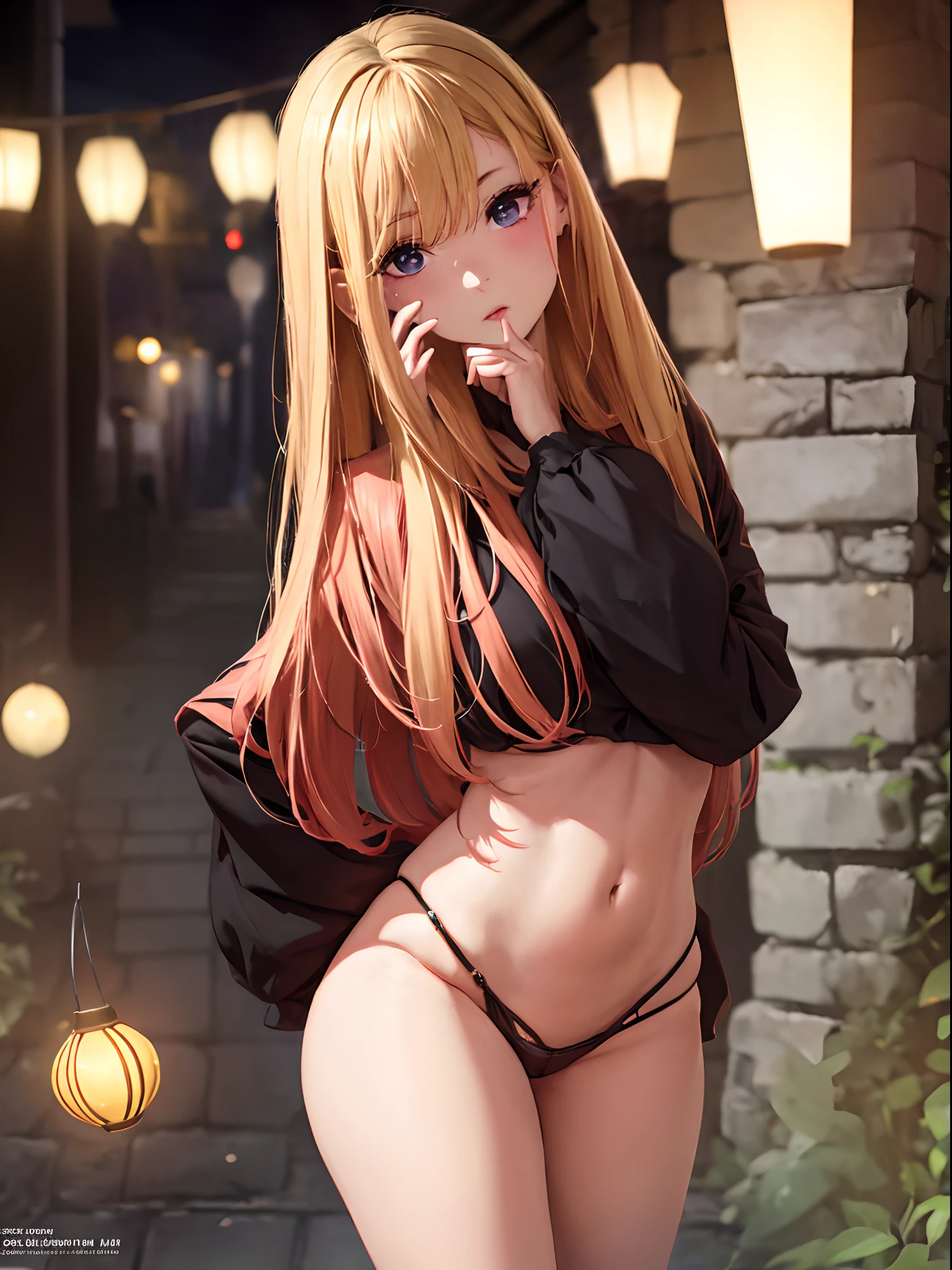 hight resolution, Schatten, absurdres, bester_Quality, Ultra_Detailliert, 8K, extremely_klar, Foto, beautiful, Beautiful face, Scharfer Fokus, HDR, 1girls, Saubere Augen, wide-eyed,Background of a Japanese small old town street with paper lanterns, um Mitternacht, Background darker than the girl in front of it, Beautiful face, bit tits, sehr roter Warzenhof, stehend , stehnde brustwarzen, very seductive pose, Blutjung, Kein BH, nackt, nackte Brust, nackte Brust, Kein Top, NSFW, Blond long hair with red stripes, no pantsu