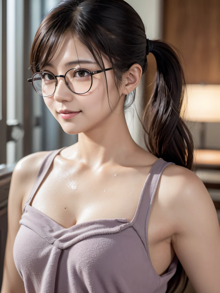 ((japanaese girl)), 8K, Raw photo, Best Quality, ultra-detailliert, Ultra High Resolution, Realistic, photographrealistic, high-definition RAW color photography, professional photograpy, Extremely detailed, 8K Wallpaper, amazing, finely detail, Huge file size, extra detailed face, extremely detailed eye, highlydetailed skin, extremely detailed fingers, highly detailed nose, highly detail mouth, Perfect Anatomy, Highly detailed background, Realistic body, Good figure, blown hair, (pony tail), Cute face, Photography, (smile), Perfect Skin, Perfect Anatomy, cleavage, (Round glasses), (wet towel), (mole), ((factory)), high angle shot, swept bangs, full body shot, wet body,