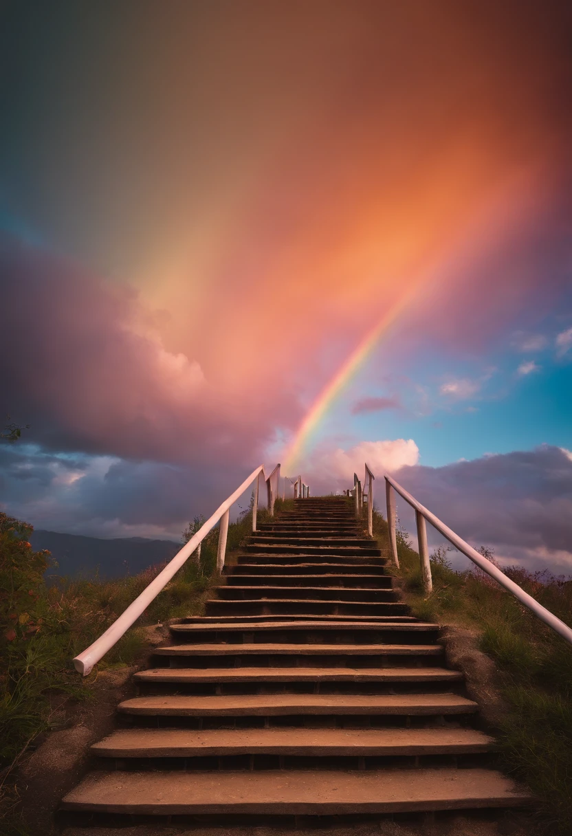 Close-up of the stairs leading to the rainbow sky, stairway to heaven, A very colorful heaven, stairs from hell to heaven, Leading to the Sky, Rainbow clouds, Colors of Heaven, Rainbow Trail, Colorful sky, Rainbow clouds, Heaven!!!!!!!!, rainbow, Rainbow colors, Psychedelic sky, In beautiful colors, Irridescent color, colorful dream, colorful skies