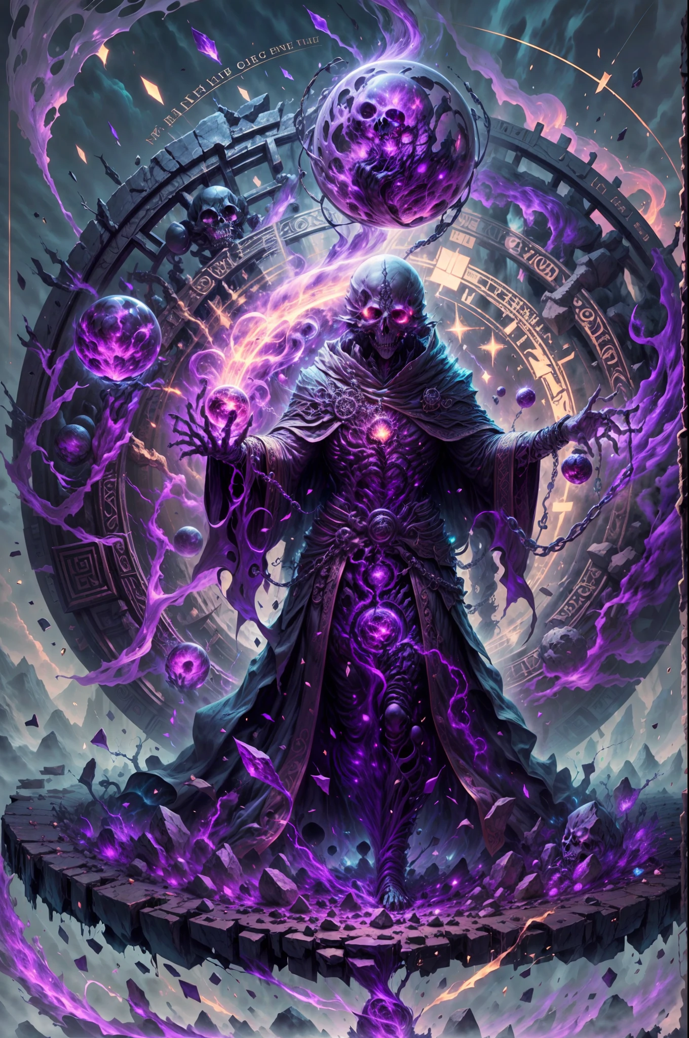 a dark runic skeleton lich, black gold skeleton, magical void energy, glowing eyes, death lightning, death energy ball floating on it's hand, casting a spell, energy cracking, bone hand, dressed in a luxury cloak, astral skulls floating around, earth and rock floating with energy as the lich hold, Detailed glowing runic line floating around, bones and skulls lays on the ground, dark purple energy, floating in the air, energy chain, magic circle on the ground