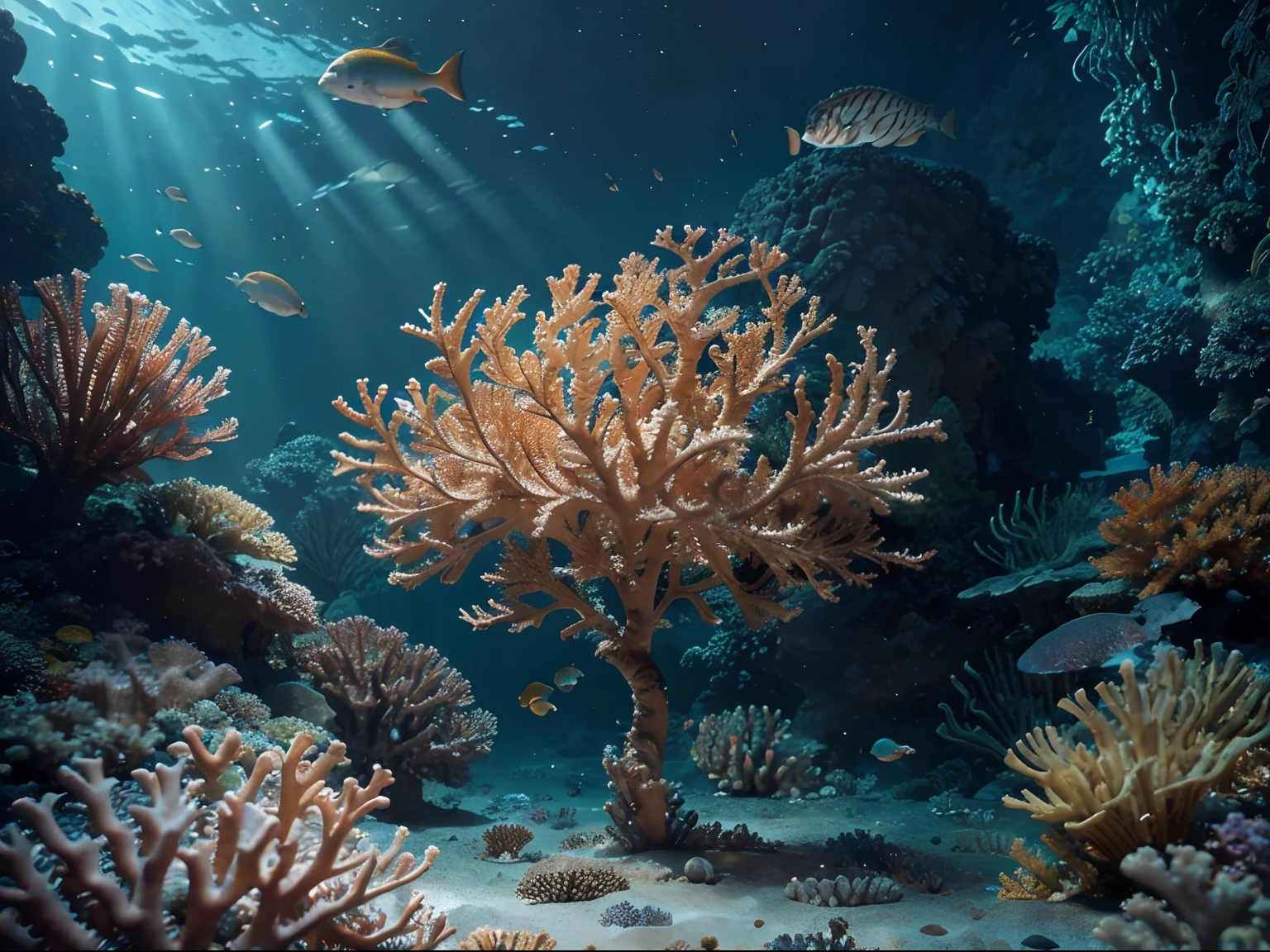 4k concept art, extreme detail, intricate, luminescent glowing canvas, motion, dynamic, sharp glossy focus, create a breathtaking nature of underwater scene with coral reefs and tropical fish with intricate detail, ornate, best quality, masterpiece