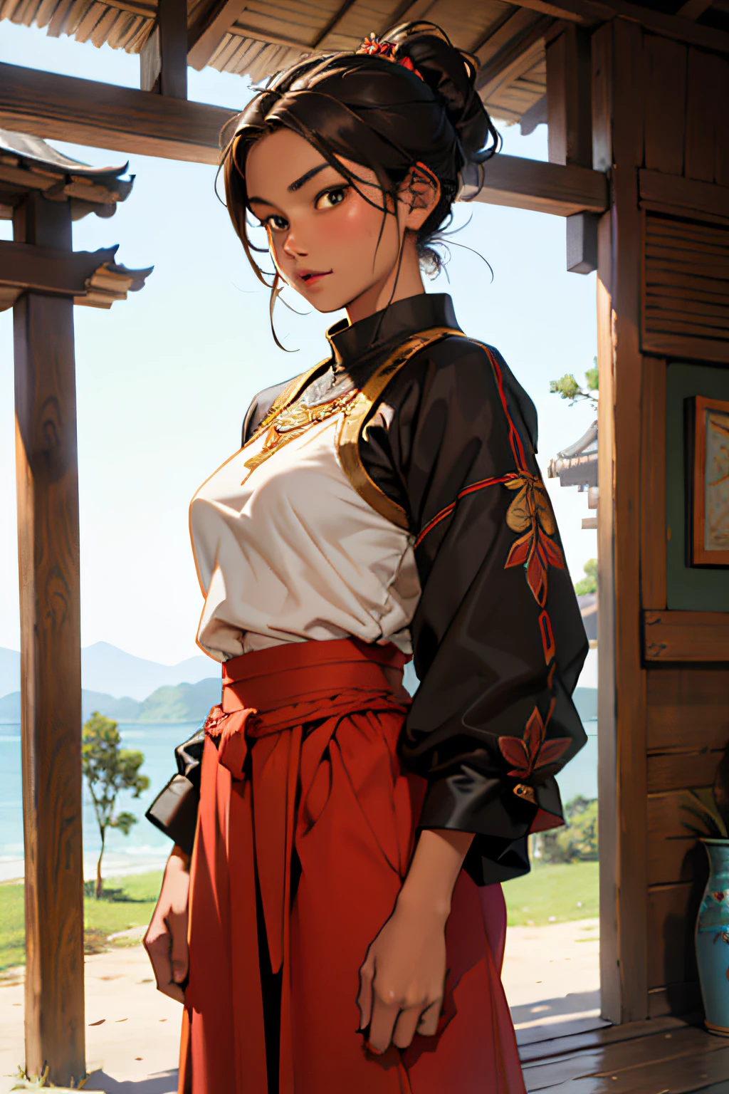 An eastern javanese woman, loose clothes, fantasy, tanned skin, brown skin, short south east asian, modest, fantasy attire, traditional clothes