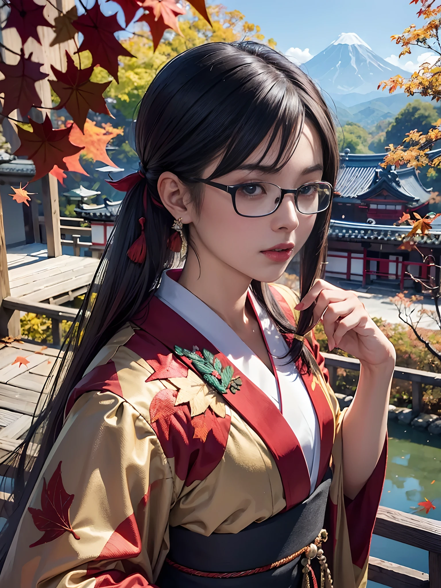 (rokoko:1.5)Background of details(the morning sun(mountainscape))(Kyoto in Japan(Colored leaves:1.5)),BREAK ,elaborate costume(Luxury kimono(Colorful kimono(detailed embroidery()))),BREAK,(1 Beautiful and classy adult woman(Japanese actressl:1.2)(glossy dark hair(poneyTail:1.2))),(eye glass:1.2),(Arms outstretched),BREAK,Wallpapers 16K,Blur the background,(masutepiece:1.5),(Best Quality:1.5),(Portrait photos:1.5),From above