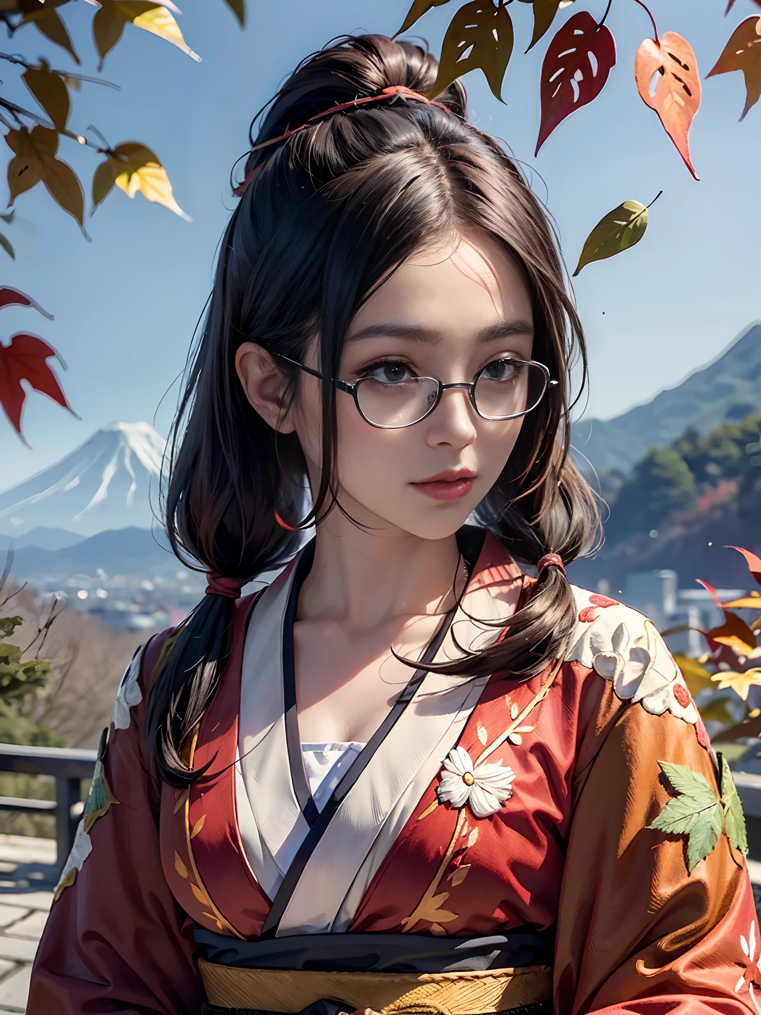 (rokoko:1.5)Background of details(the morning sun(mountainscape))(Kyoto in Japan(Colored leaves:1.5)),BREAK ,elaborate costume(Luxury kimono(Colorful kimono(detailed embroidery()))),BREAK,(1 Beautiful and classy adult woman(Japanese actressl:1.2)(glossy dark hair(poneyTail:1.2))),(eye glass:1.5),(Arms outstretched),BREAK,Wallpapers 16K,Blur the background,(masutepiece:1.5),(Best Quality:1.5),(Portrait photos:1.5),From  above