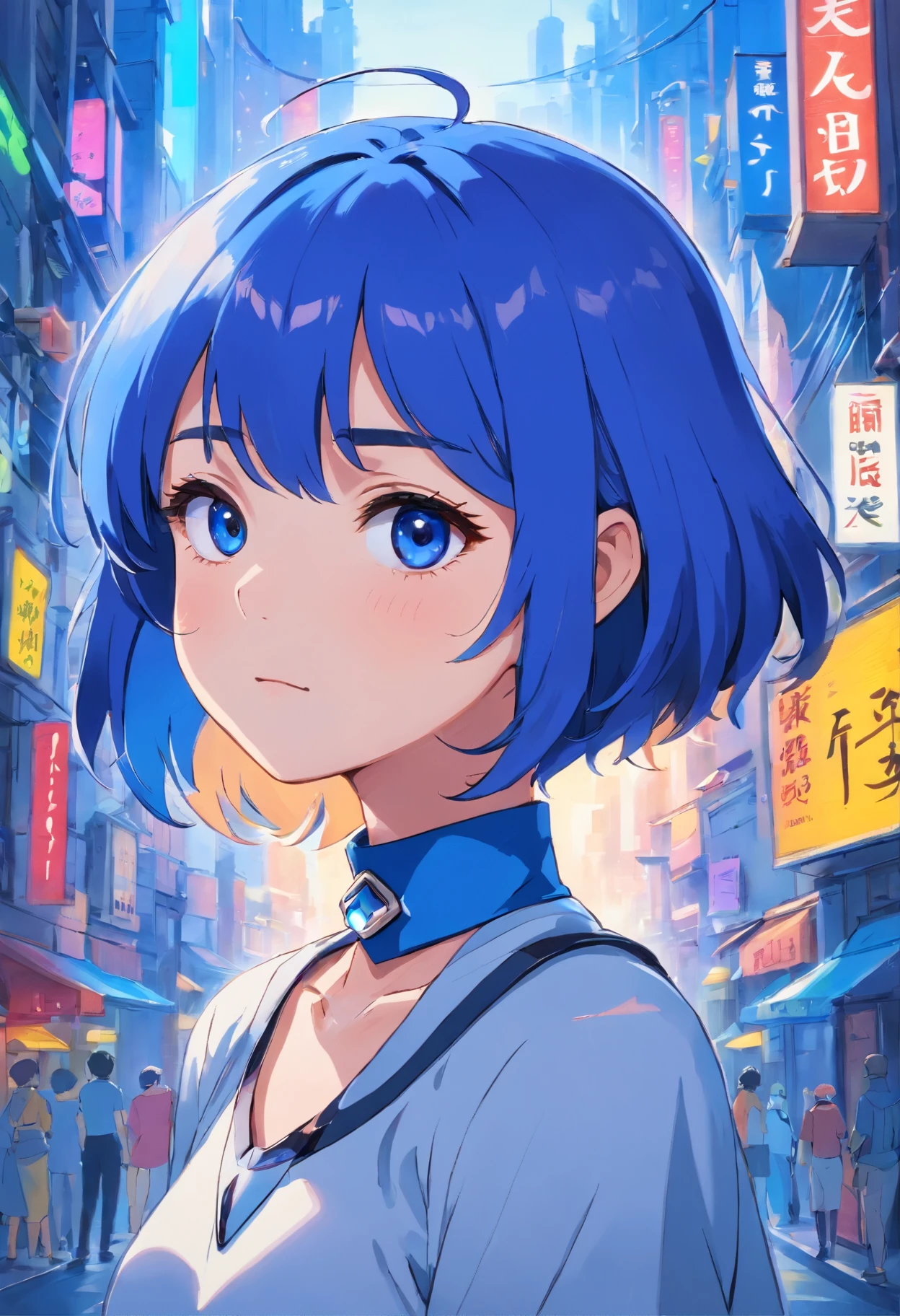 Girl in an anime collar, Short choker and three piercings, In the style of a futuristic city, Cinematic animated stills, Inomata Mutsumi.lapis lazuli,Monet, Embry style, Honest portrayal