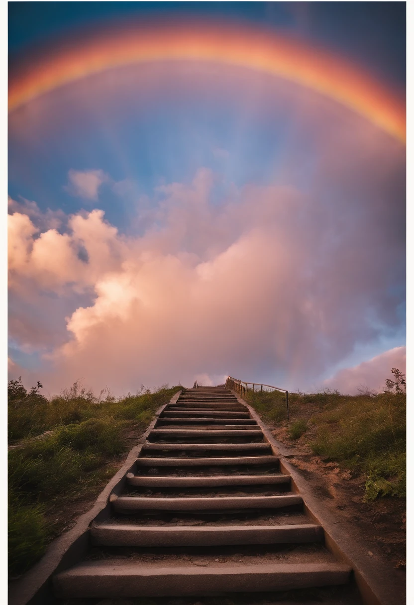 Close-up of the stairs leading to the rainbow sky, stairway to heaven, A very colorful heaven, stairs from hell to heaven, Leading to the Sky, Rainbow clouds, Colors of Heaven, Rainbow Trail, Colorful sky, Rainbow clouds, Heaven!!!!!!!!, rainbow, Rainbow colors, Psychedelic sky, In beautiful colors, Irridescent color, colorful dream, colorful skies