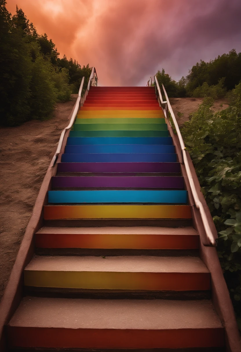 Close-up of the stairs leading to the rainbow sky, stairway to heaven, A very colorful heaven, stairs from hell to heaven, Leading to the Sky, Rainbow clouds, Colors of Heaven, Rainbow Trail, Colorful sky, Rainbow clouds, Heaven!!!!!!!!, rainbow, Rainbow colors, Psychedelic sky, In beautiful colors, Irridescent color, colorful dream, colorful skies