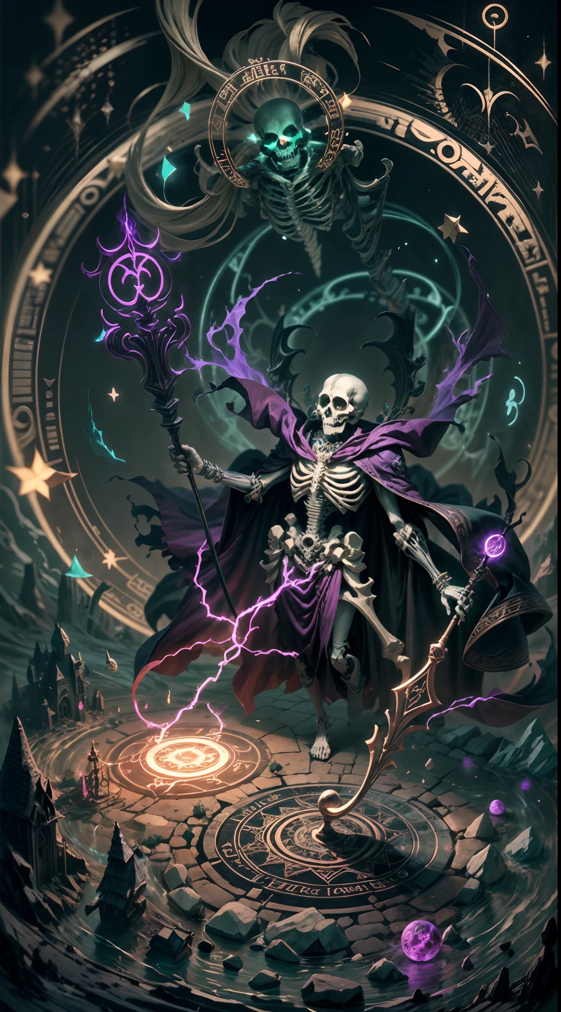 a dark runic skeleton lich, black gold skeleton, magical void energy, glowing eyes,holding a long staff with two hand, casting a spell, energy cracking, dressed in a luxury cloak, astral skulls floating around, earth and rock floating with energy as the lich hold, Detailed glowing runic line floating around, bones and skulls lays on the ground, dark purple energy, floating in the air, energy chain, magic circle on the ground