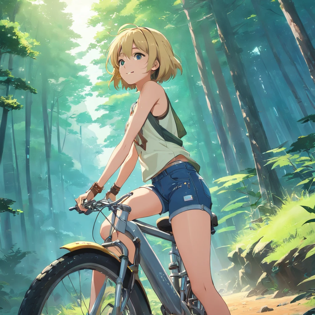 masterpiece, high quality, japanese 3D Anime style, steam punk, featuring a futuristic planet covered in a distant forest, bustling alien markets, and an off-road bike. The protagonist is a stunning upper body girl 1 person blonde short bob silver smile, mechanized arms. Wearing a white tank top, distressed denim shorts, engineer boots, and riding the off-road bike.