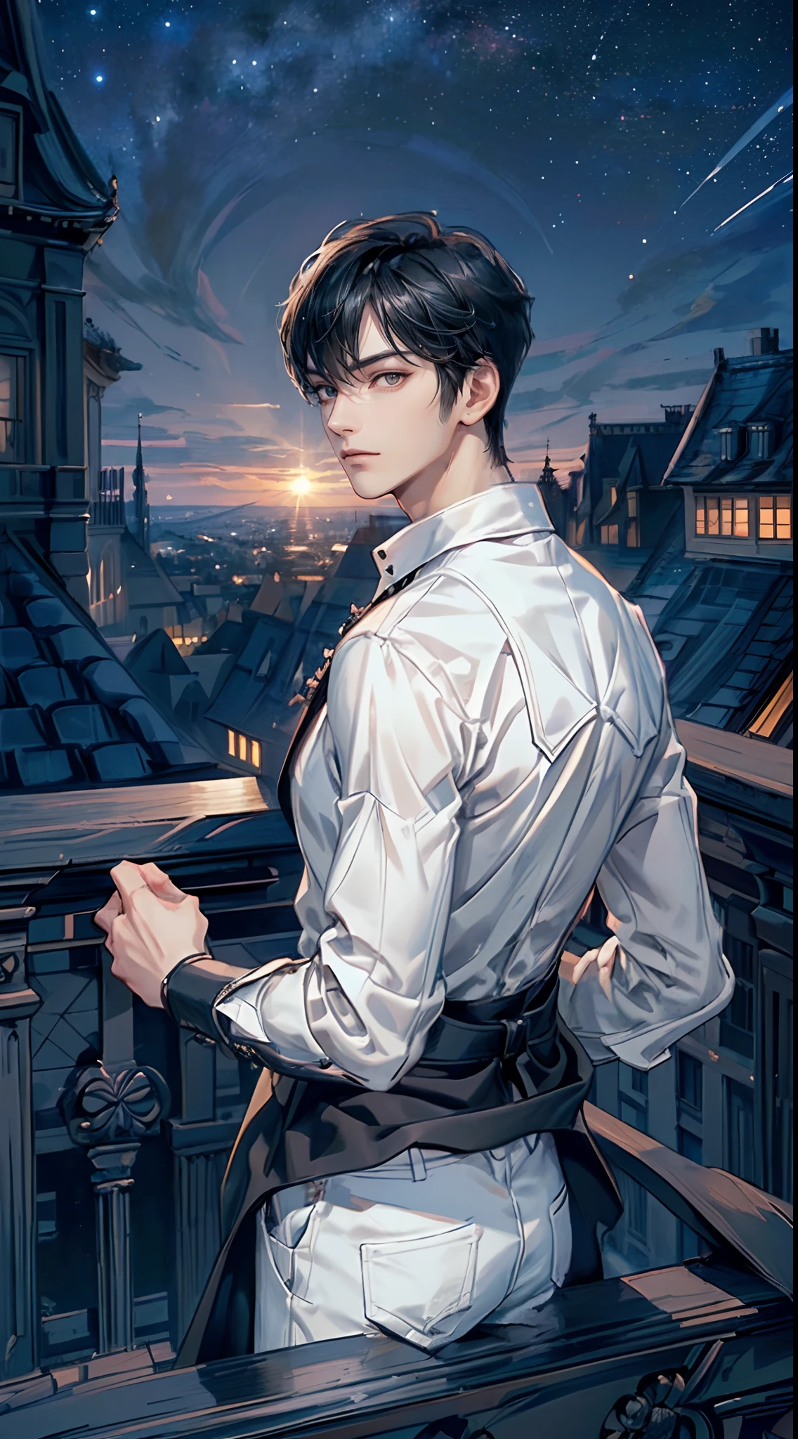 ((4K works))、masterpiece、(top-quality)、One Beautiful Boy、Slim body、tall、((Black Y-shirt and white pants、Charming street style))、(Detailed beautiful eyes)、Stylish English Black Balcony、Castle inhabited by villains、Black shop window、Balcony at night、((Starry sky in the background))、((dark sky))、((Stylish cityscape))、((Shot on a stylish veranda))、mid night、((Short-haired black hair))、((Smaller face))、((Neutral face))、((White eyes))、((American adult male))、((Adult male 26 years old))、((Cool Men))、((Like a celebrity))、((Gentle look))、((Korean Makeup))、((elongated and sharp eyes))、((Happy dating))、((boyish))、((Upper body photography))、Professional Photos、((Shot alone))、((shot from back))、((Shot so that the back of the head is visible))、((Shot in close proximity to him))、((Focus zoom in))、((He is watching the sunset))、((He is standing on the balcony))