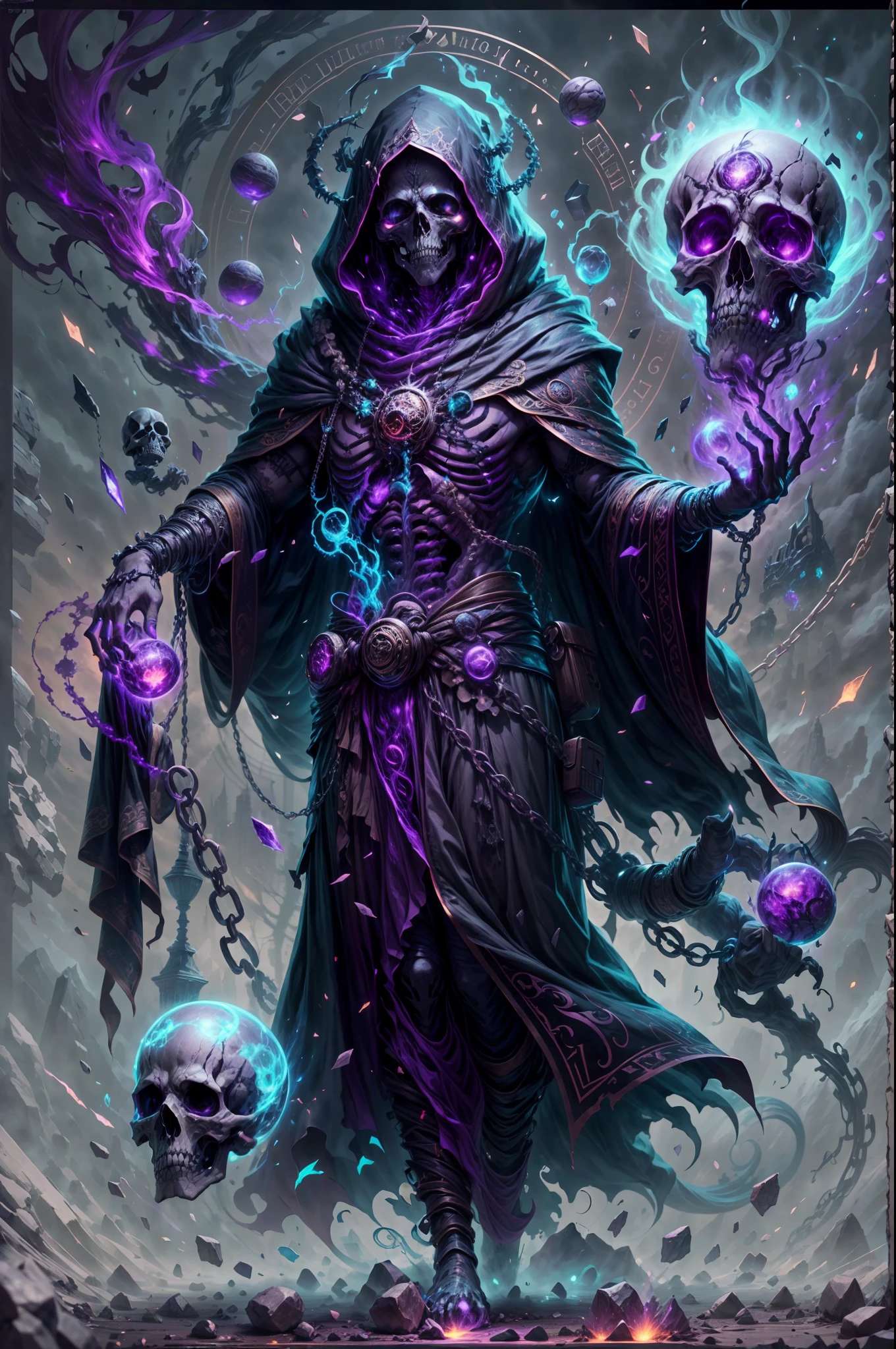 a dark runic skeleton lich, black gold skeleton, magical void energy, glowing eyes, death lightning, death energy ball floating on it's hand, casting a spell, energy cracking, bone hand, dressed in a luxury cloak, astral skulls floating around, earth and rock floating with energy as the lich hold, Detailed glowing runic line floating around, bones and skulls lays on the ground, dark purple energy, floating in the air, energy chain, magic circle on the ground,,Detailed,Realistic,4k highly detailed digital art,octane render, bioluminescent, 8K resolution concept art, realism,by Mappa studios,masterpiece,best quality,official art,illustration,ligne claire,(cool_color),perfect composition,absurdres, fantasy,focused,rule of third
