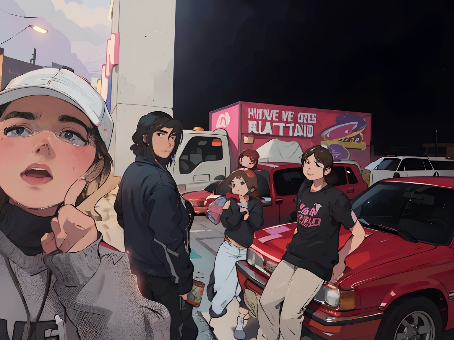several people standing in front of a red car with a truck behind them, at the taco bell drive through, 😭 🤮 💕 🎀, captured on iphone, in background, nostalgic 8k, full car, standing in front of lowrider, at racer track, in front of ramen shop, 8k!, 8k!!!!!, smooth in _ the background