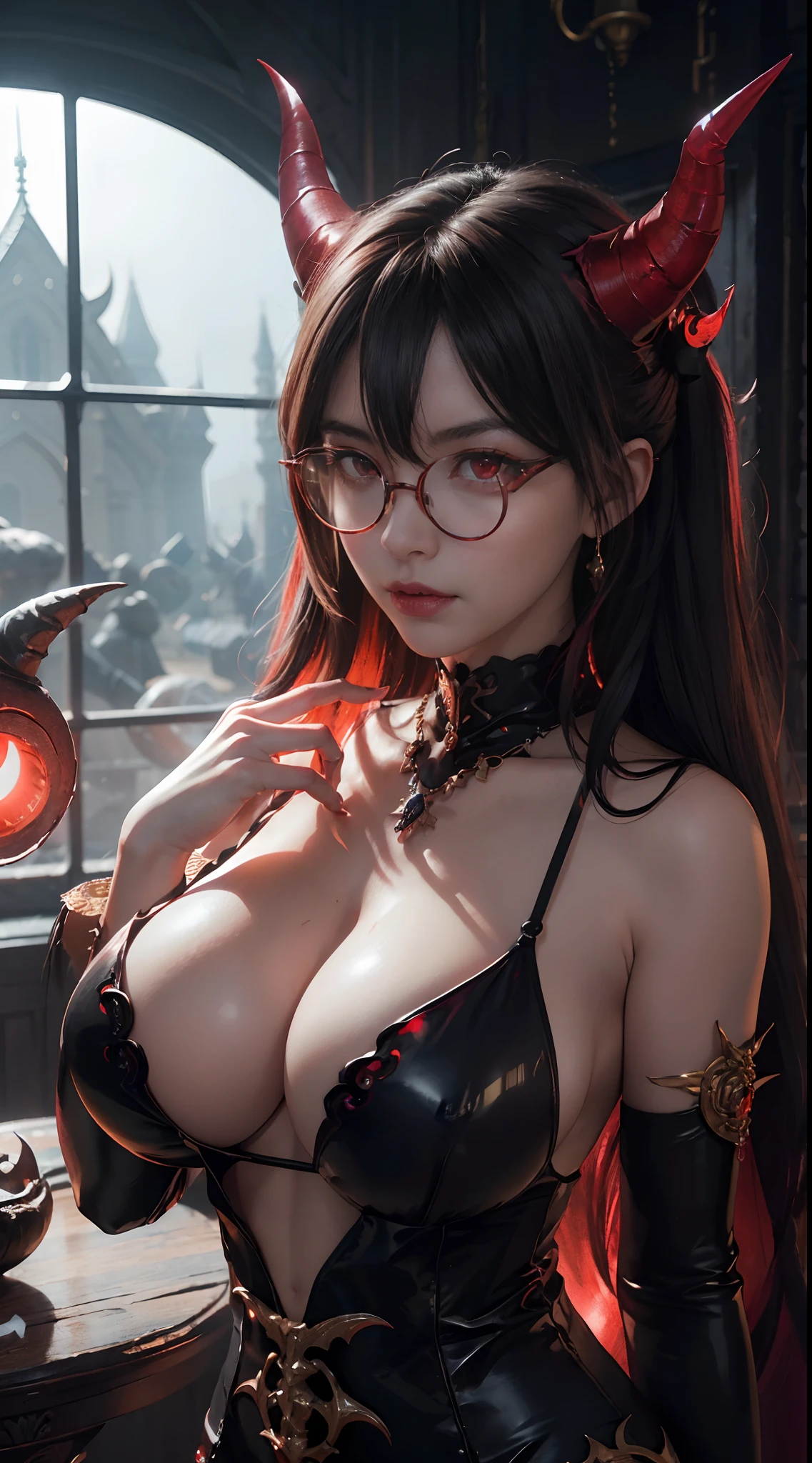 Fine、(The best illustrations)、8k UHD resolution、intricate-detail、top-quality、realisitic、ultra-detailliert、The best lighting、Best Shadows、Soft lighting、Ulutra HD、Dungeon and Dragon、caves、Dungeon、 A Necromancer、natta、Dark style、Succubus、Devil's Daughter、Bat Wings,(((Demon Horns)))、((((black-rimmed round glasses))))、(((Colossal tits)))、(Devil's Tail)、(red eyes glowing:1.6)、masterpiece、beautiful countenance、Tindall Effect、photos realistic、(High Detail Skins:1.2)、8KUHD、Digital SLR、hightquality、a picture、hight resolution、 absurderes、Ponytail distortion、best ratio four finger and one thumb、1人、hair adornments、Red sparkling gemstone necklace、jewely、Beautiful expression、Body Up、Large breasts emphasis、Toned waist、Wide buttocks、Tindall Effect、Photorealsitic、(High Detail Skins:1.2)、