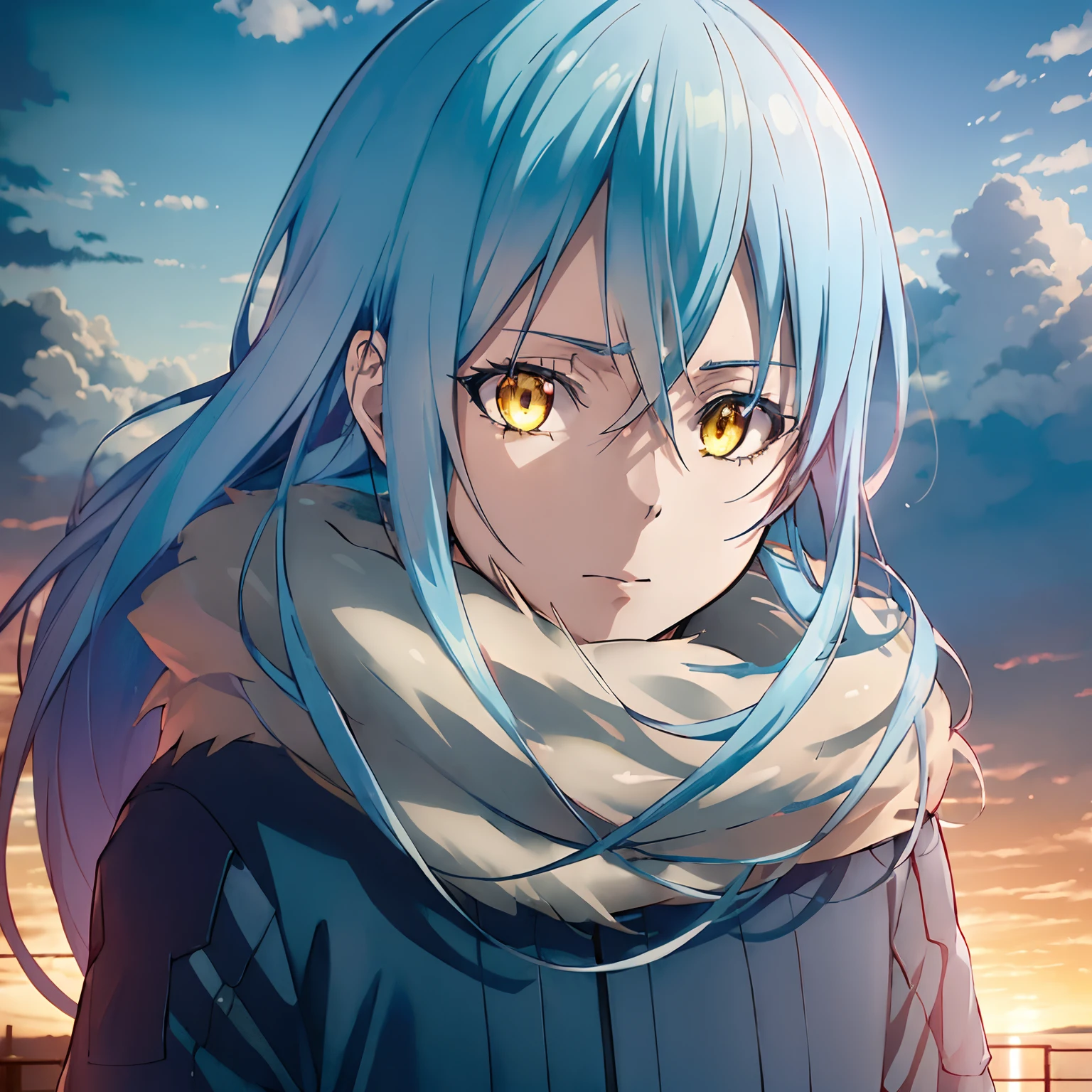 masutepiece, (Photorealistic:1.4), Best Quality, Beautiful lighting, a portrait of a man, rimuru tempest, 1boy, Long blue hair, Fluffy scarves, Yellow eyes, twlight, Clouds, cyberpunk setting,  Raw photo, 8K UHD, Film grain