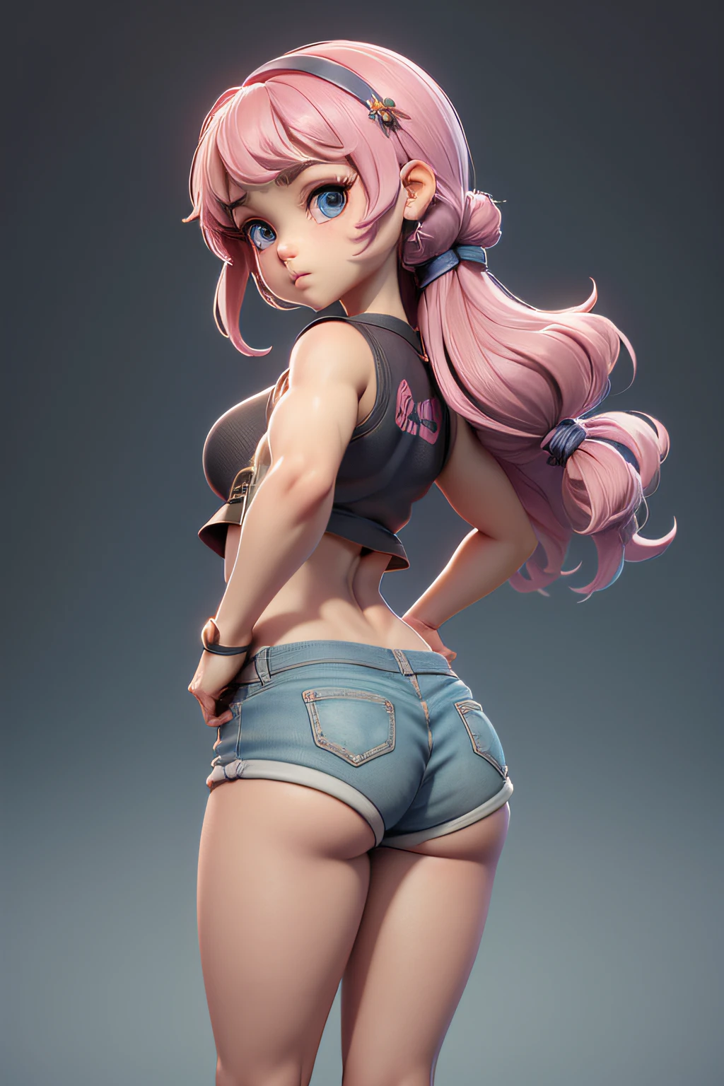 Mini sakura, (Sakura), menina solo, ray tracing, Estilo 3D, 3DMM, ((3 poses por foto)), ((3 poses em cada foto)), corpo inteiro,(Front view),(back vision), (view on the left),shorts muito curto jeans na cintura, mostrar barriga lisa, (((3 poses por foto))),(seios muito grandes), barriga perfeita, Perfect and symmetrical eyes, (perfect hands), over all view, capa cobrindo o corpo