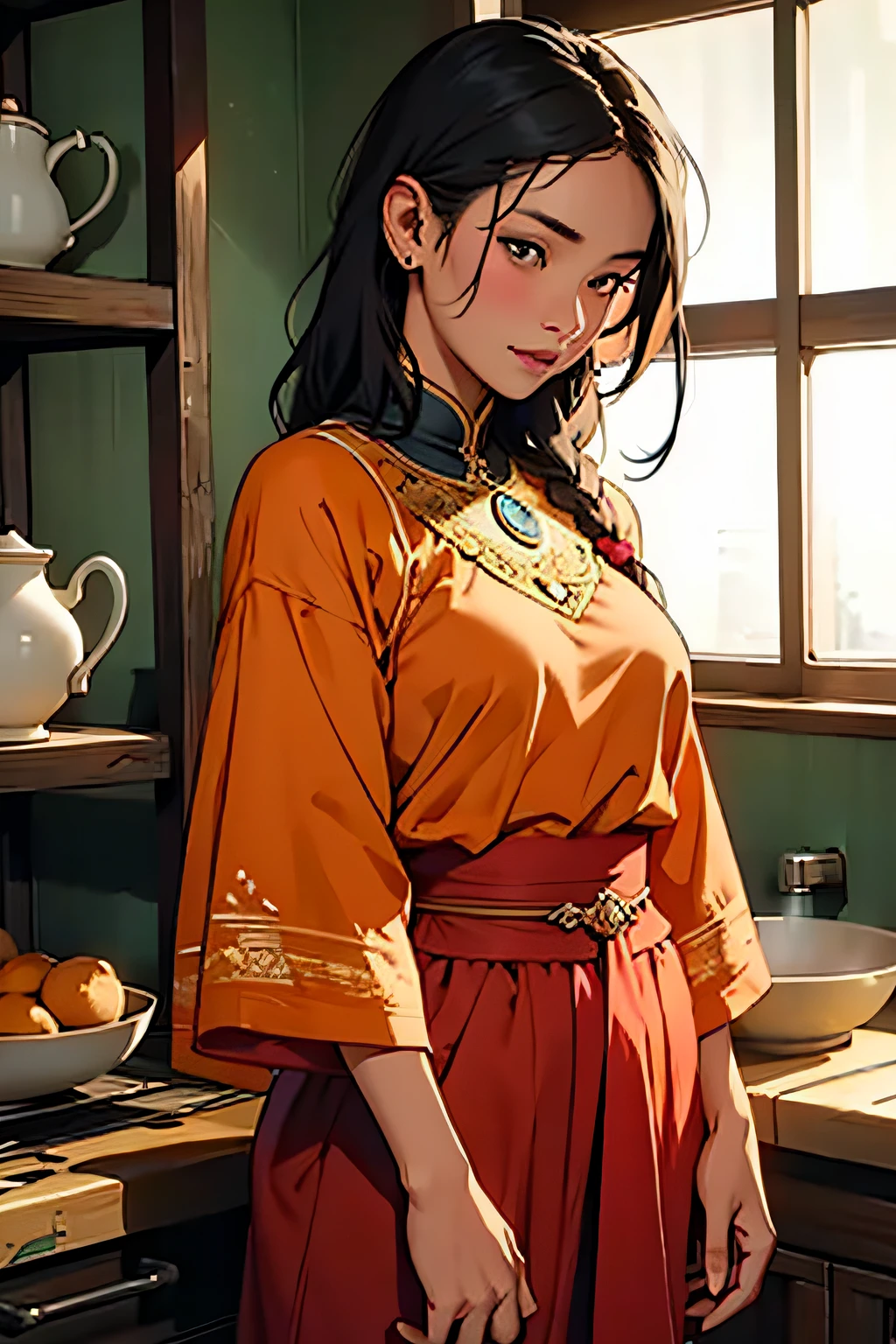 An eastern javanese woman, loose clothes, fantasy, tanned skin, brown skin, short south east asian, modest, fantasy attire, traditional clothes