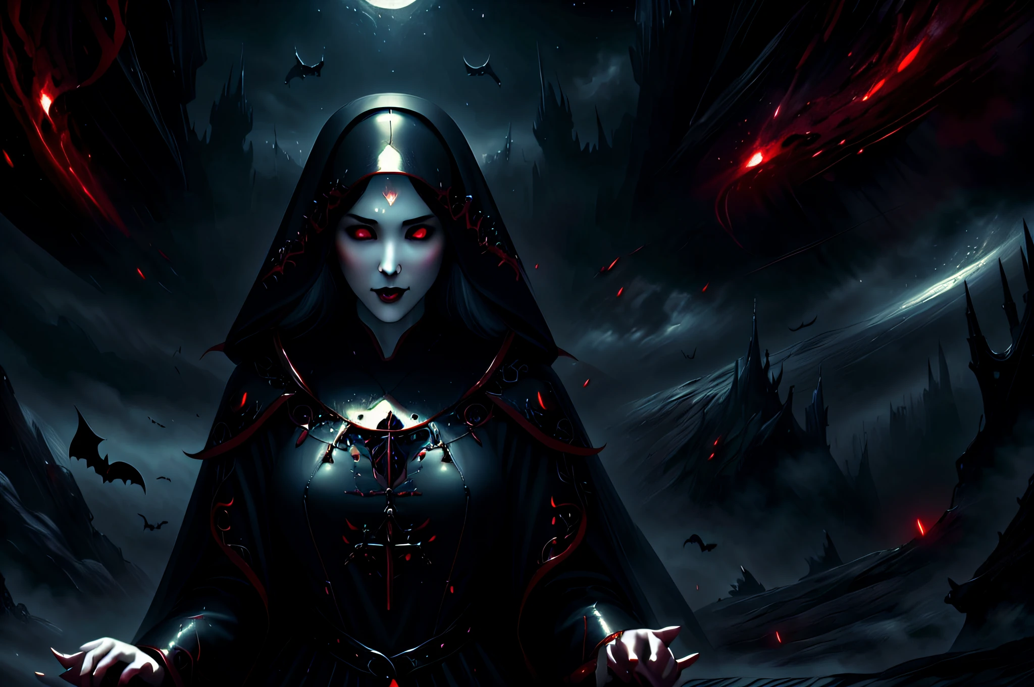 a picture of an exquisite beautiful female (nun: 1.3) vampire standing under the starry night sky on the porch of her monastary, dynamic angle (ultra detailed, Masterpiece, best quality), ultra detailed face (ultra detailed, Masterpiece, best quality), ultra feminine, (pale skin: 1.3), red hair, wavy hair, dynamic eyes color, cold eyes, glowing eyes, intense eyes, dark red lips, [fangs], wearing white nun habit (ultra detailed, Masterpiece, best quality), wearing blue cloak (ultra detailed, Masterpiece, best quality), long cloak, flowing cloak (ultra detailed, Masterpiece, best quality), wearing high heeled boots, sky full of stars background, moon, bats flying about, high details, best quality, 8k, [ultra detailed], masterpiece, best quality, (ultra detailed), full body, ultra wide shot, photorealism, dark fantasy art, dark fantasy art, gothic art, many stars, dark fantasy art, gothic art, sense of dread, bloodmagic