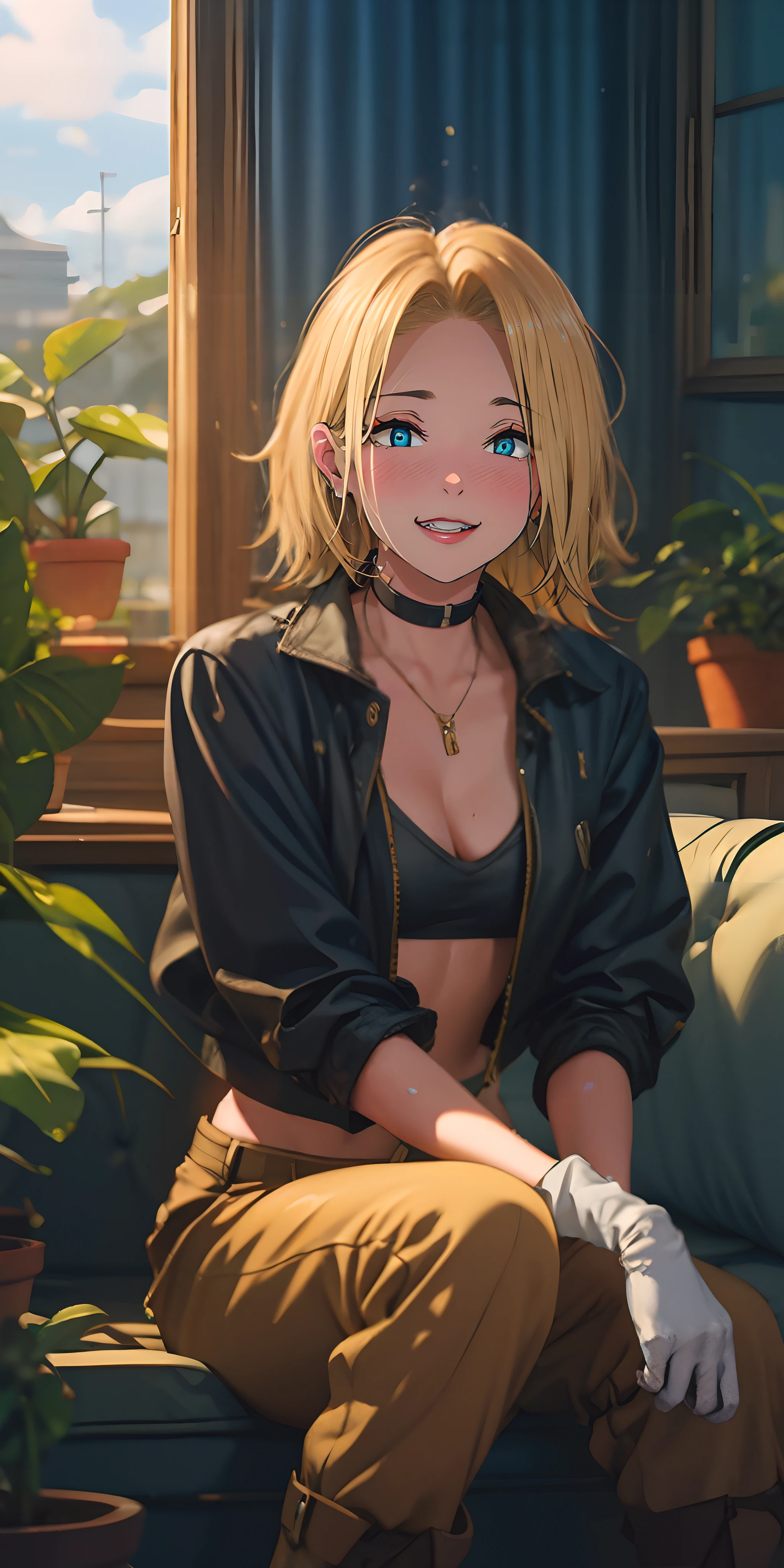 reina, (medium hair, blonde hair:1.6), sweating, glowing eyes, heavy breathing, female focus, 1girl, solo, breasts, sitting, looking_at_viewer, cleavage, large_breasts, pants, midriff, plant, choker, night, wet, potted_plant, bottle, boots, jewelry, sky, curtains, cropped_jacket, medium_breasts, blush, city, jacket, lips, water, gloves, window, "Photorealistic, Hyperrealistic, Hyperdetailed, analog style, soft lighting, subsurface scattering, realistic, heavy shadow, masterpiece, best quality, ultra realistic, 8k, golden ratio, Intricate, High Detail, film photography, soft focus", (3d, realistic:1.4), sweating, steaming body, fog