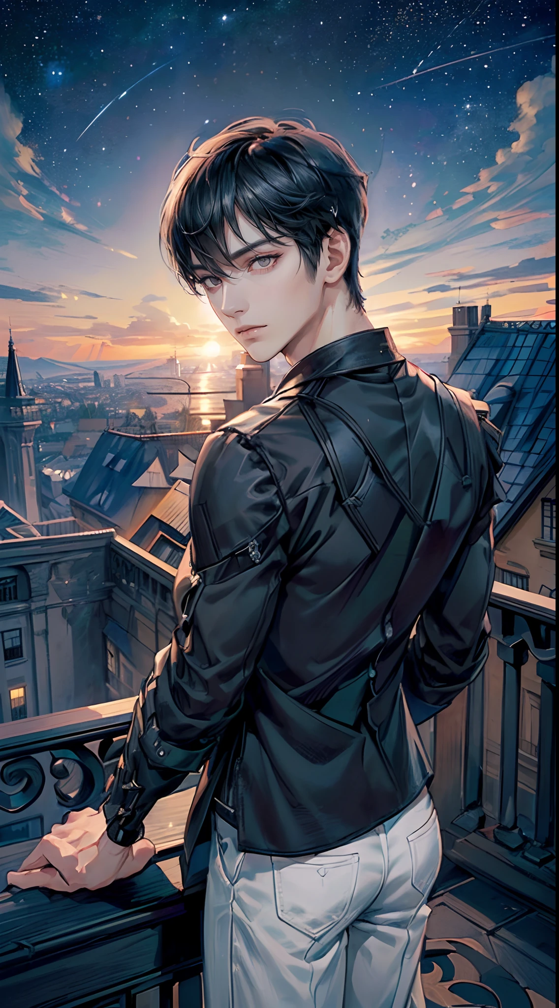 ((4K works))、​masterpiece、(top-quality)、One Beautiful Boy、Slim body、tall、((Black Y-shirt and white pants、Charming street style))、(Detailed beautiful eyes)、Stylish English Black Balcony、Castle inhabited by villains、Black shop window、Balcony at night、((Starry sky in the background))、((dark sky))、((Stylish cityscape))、((Shot on a stylish veranda))、mid night、((Short-haired black hair))、((Smaller face))、((Neutral face))、((White eyes))、((American adult male))、((Adult male 26 years old))、((Cool Men))、((Like a celebrity))、((Gentle look))、((Korean Makeup))、((elongated and sharp eyes))、((Happy dating))、((boyish))、((Upper body photography))、Professional Photos、((Shot alone))、((shot from back))、((Shot so that the back of the head is visible))、((Shot in close proximity to him))、((Focus zoom in))、((He is watching the sunset))、((He is standing on the balcony))