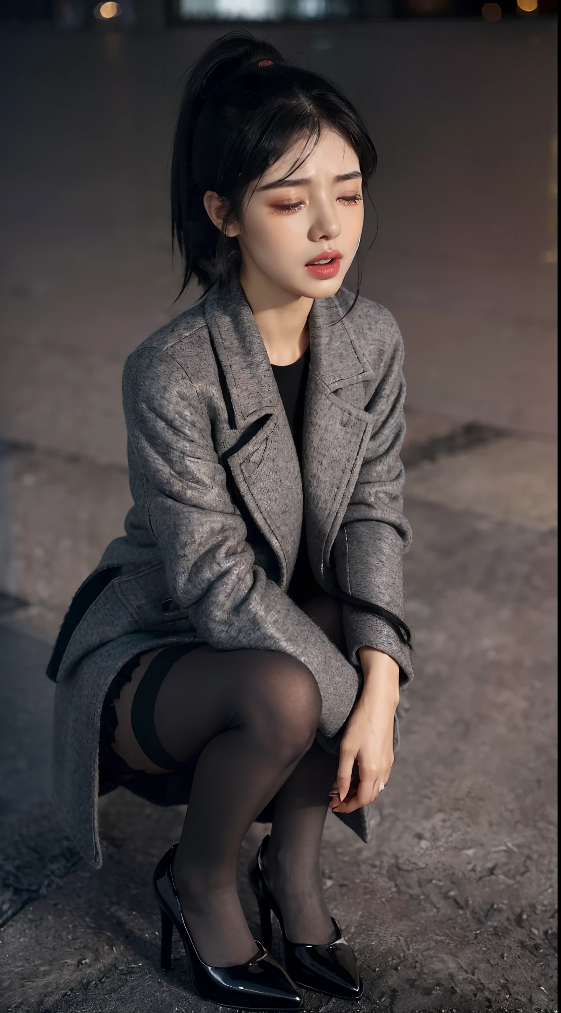 (Small lower chest,small heads)), (perfect bodies: 1.1), (Straight hair at shoulder length:1.1),(Black hair:1.5),(short ponytail hair:1.3),(极其细致的CG 8k壁纸),(Extremely refined and beautiful),(Masterpiece),(best qualtiy:1.0),(超高分辨率:1.9）,[A high resolution],A girl,(painful:1.3), (Panic:1.3), (fear:1.3),(Crying:1.5), (Tears:1.5),(closing her eyes:1.3),(Open mouth:1.2),(Smooth and flawless fair skin:1.5),(Shiny skin:1.5),(Exquisite makeup:1.3),ultra - detailed ，Elongated legs,(Small breasts:1.1),Flat chest,Slim,emaciated,(Torn gray wool coat:1.5),(Torn black pantyhose:1.4),(High heels:1.3),(Late autumn:1.5),In a residential area,High-rise residential building,At the door of the building,(Lie flat on the ground:1.5),(Legs apart:1.3),(female :1.3), (Blush:1.3),(Sweat:1.6),(Night scene:1.3),Upper body,(Cowboy shot:1.3),(Close-up Shot Shot:1.3),Portrait,Top down overhead camera perspective