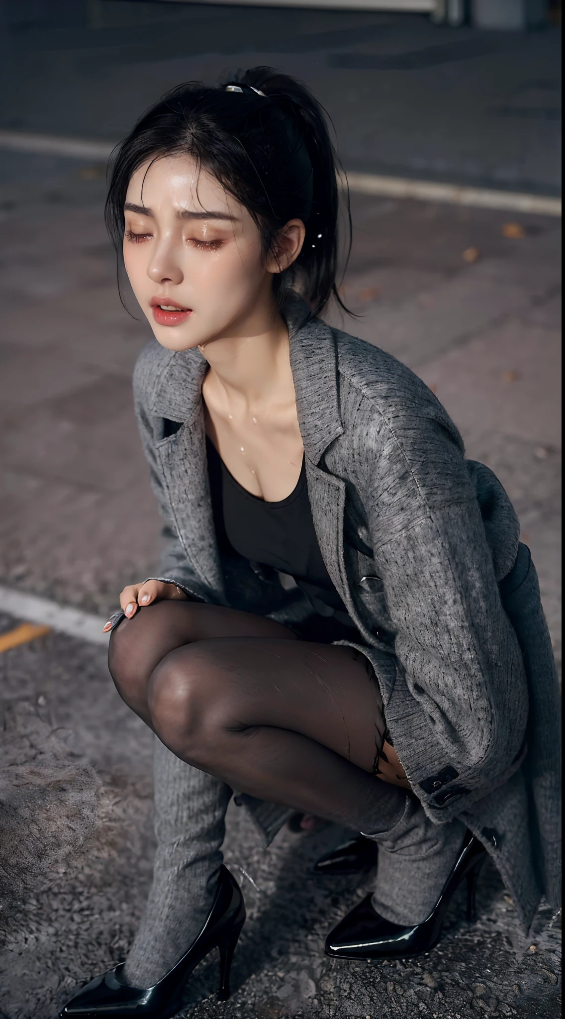 (Small lower chest,small heads)), (perfect bodies: 1.1), (Straight hair at shoulder length:1.1),(Black hair:1.5),(short ponytail hair:1.3),(极其细致的CG 8k壁纸),(Extremely refined and beautiful),(Masterpiece),(best qualtiy:1.0),(超高分辨率:1.9）,[A high resolution],A girl,(painful:1.3), (Panic:1.3), (fear:1.3),(Crying:1.5), (Tears:1.5),(closing her eyes:1.3),(Open mouth:1.2),(Smooth and flawless fair skin:1.5),(Shiny skin:1.5),(Exquisite makeup:1.3),ultra - detailed ，Elongated legs,(Small breasts:1.1),Flat chest,Slim,emaciated,(Torn gray wool coat:1.5),(Torn black pantyhose:1.4),(High heels:1.3),(Late autumn:1.5),In a residential area,High-rise residential building,At the door of the building,(Lie flat on the ground:1.5),(Legs apart:1.3),(female :1.3), (Blush:1.3),(Sweat:1.6),(Night scene:1.3),Upper body,(Cowboy shot:1.3),(Close-up Shot Shot:1.3),Portrait,Top down overhead camera perspective