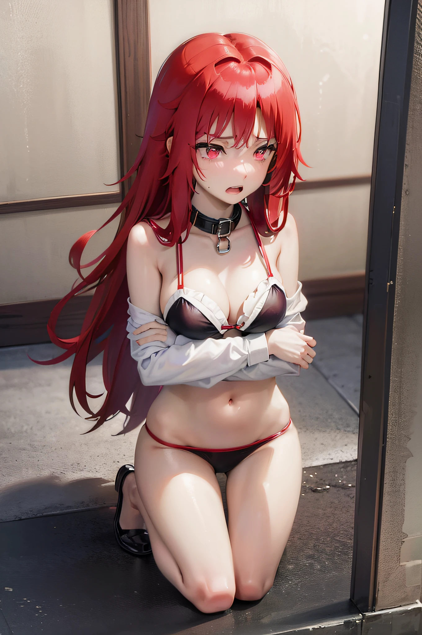 1girl,scared expression open mouth clenched teeth,red hair,red eyes,,sad,despair,,(collar),(leash),,(tied up),(tied wrists),bikini