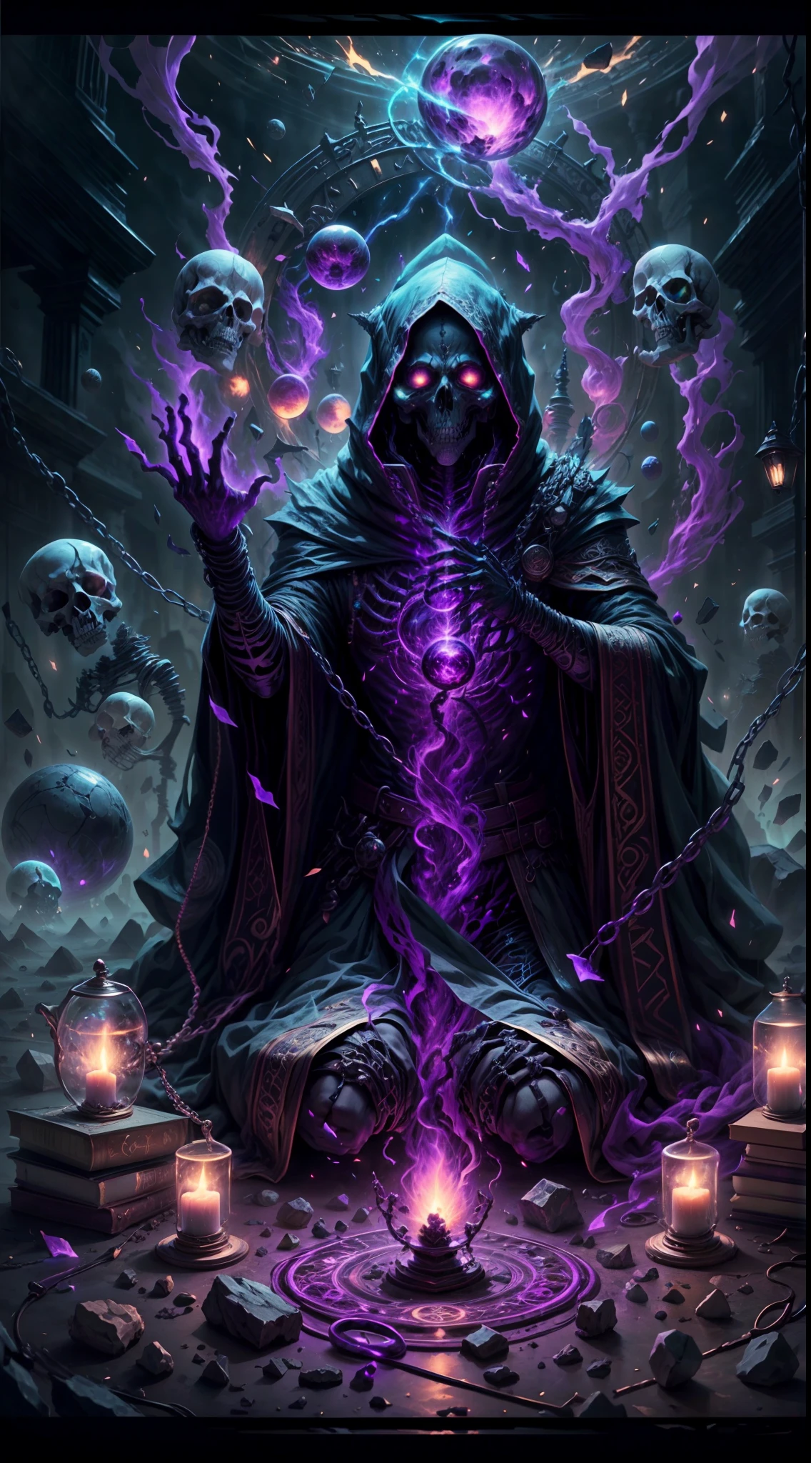 a dark runic skeleton lich, black gold skeleton, magical void energy, glowing eyes, death lightning, death energy ball floating on it's hand, casting a spell, energy cracking, bone hand, dressed in a luxury cloak, astral skulls floating around, earth and rock floating with energy as the lich hold, Detailed glowing runic line floating around, bones and skulls lays on the ground, dark purple energy, floating in the air, energy chain, magic circle on the ground,,Detailed,Realistic,4k highly detailed digital art,octane render, bioluminescent, 8K resolution concept art, realism,by Mappa studios,masterpiece,best quality,official art,illustration,ligne claire,(cool_color),perfect composition,absurdres, fantasy,focused,rule of third