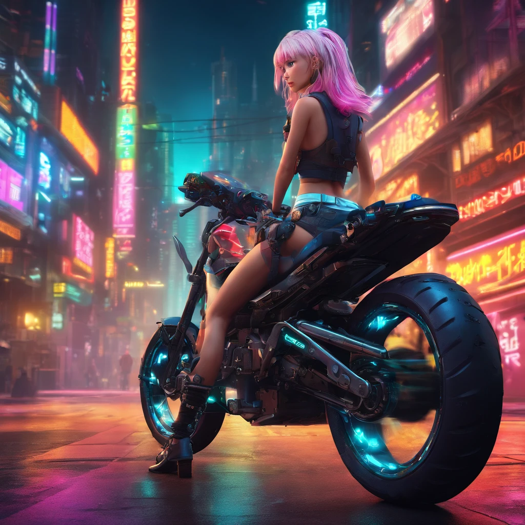 masterpiece, high quality, japanese 3D Anime style, steam punk, featuring a futuristic planet covered in a distant forest, bustling alien markets, and an off-road bike. The protagonist is a stunning upper body girl 1 person blonde short bob silver smile, mechanized arms. Wearing a white tank top, distressed denim shorts, engineer boots, and riding the off-road bike.