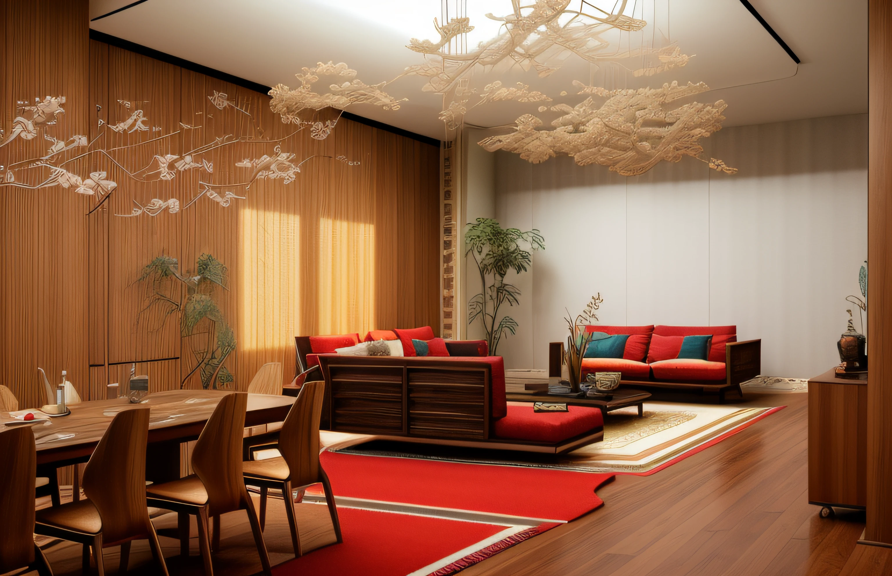 Interior design、Crazy detailed wide-angle building photos、cozy contemporary living room、(Bright warm sunshine 1:0.1)、award-winning contemporary interior design、Red mahogany wood color、DL、a chair、in a house、wooden floor、east asian east asian architecture, lamp lights、buliding、(walnut grain:0.8)、interior design、Insert lights and shadows、depth of fields、low illuminance, led lighting walnut_furniture , flower, food, day, indoors, bag, cup, pillow, book, no_humans, window, bed, fruit, chair, table, sunlight, bottle, curtains, box, scenery, couch, wooden_floor, realistic, door, clock, cushion, shelf, vase, statue, painting_(object), still_life, carpet, picture_(object), rug, reflective_floor