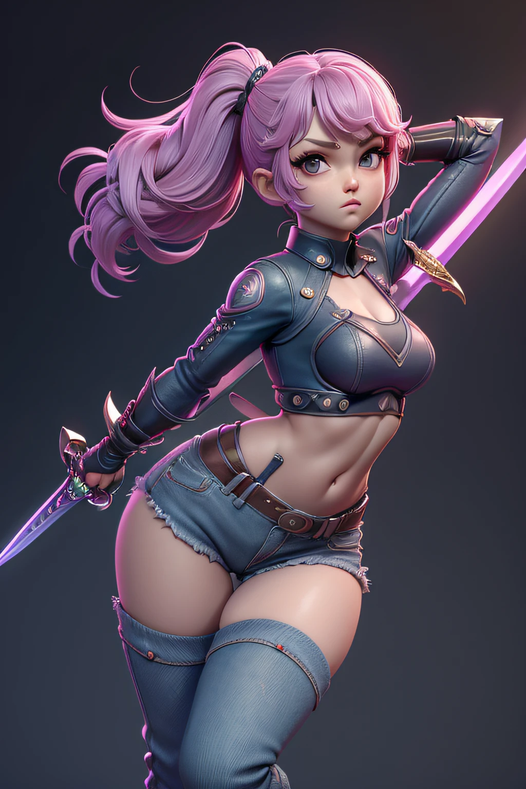 Mini sakura, (Sakura), solo, ray tracing, Estilo 3D, 3DMM, ((3 poses por foto)), ((3 poses em cada foto)), corpo inteiro,(Front view),(back vision), (view on the left),shorts na cintura, mostrar barriga lisa, (((3 poses por foto))),(seios muito grandes), barriga perfeita, olhos perfeitos e simetricos, (perfect hands), (jeans curto), corpo inteiro, thigh-high boots, ((Futuristic sword in hand)), ((Cabelos Longos))