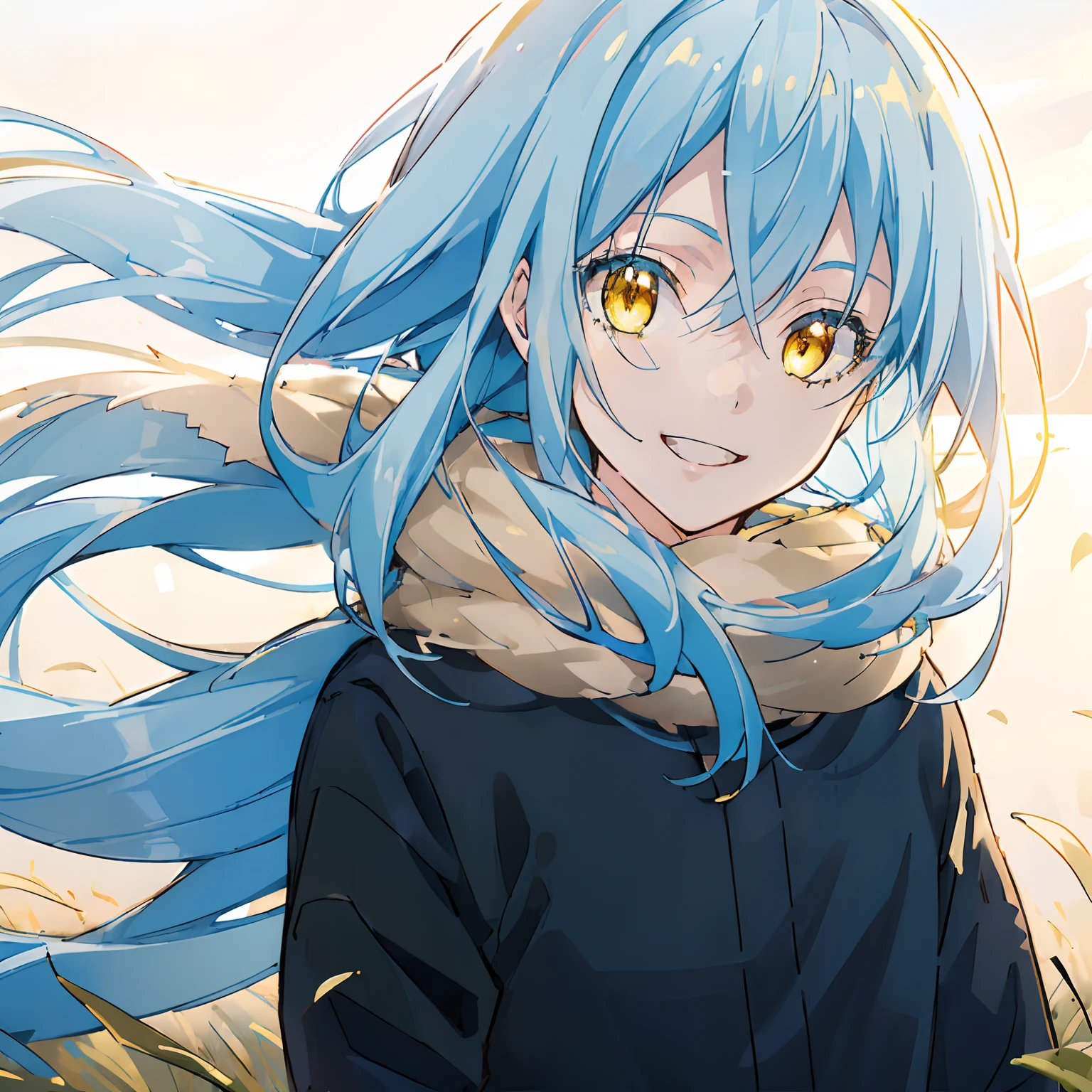 masutepiece, (Photorealistic:1.4), Best Quality, Beautiful lighting, a portrait of a man, rimuru tempest, 1boy, Long blue hair, Fluffy scarves, Yellow eyes, twlight, , 8K UHD, Film grain、a smile、simple background、grass field