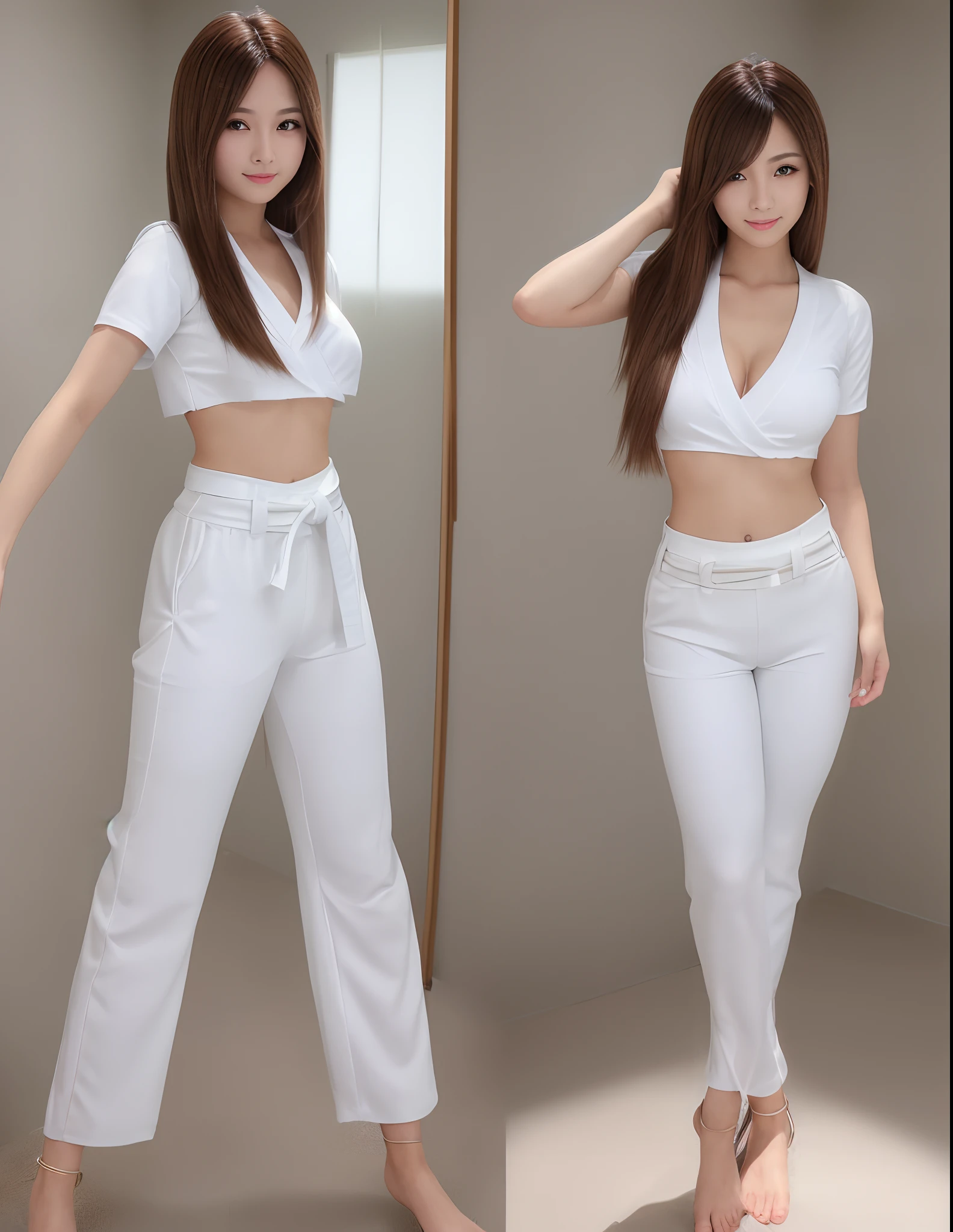 (Photorealsitic)(), Perfectly beautiful woman, (Full body 8K portrait), Stand alone, Stick out your fist, Large and dynamic hand and foot movements, Correct skeleton, White Karate Uniform, White karate pants, Large bust, Perfect facial detail, (Smile: 1.15), attractive beautiful face, gazing at viewer, a small face, 二重まぶた, Beautiful detailed eyes, long eyeslashes, ligh brown hair, Hairstyle is bob style, Toned waist, huge tit, Beautiful thin legs, toned ankles, bare-legged ,TOKYOcty