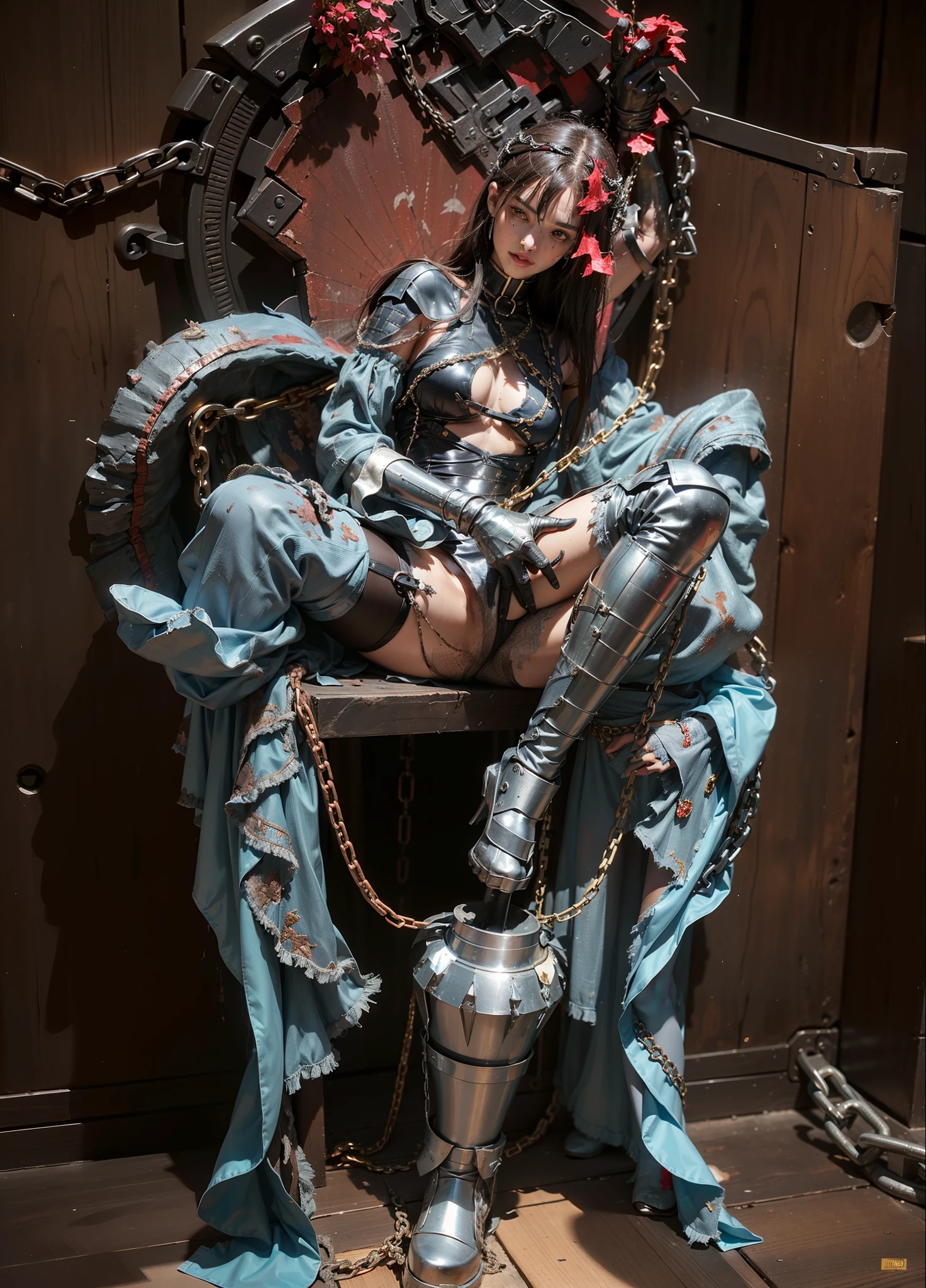 ,((Wearing a torn sheer costume of a superheroine)),(, No bra)), Wet crotch, Wet thighs, Beautiful girl with accentuated slender abs: 1.4, (((nipple tips protruding, areola is protruding, The shape of the pubic region is clearly visible)), sixpack abs: 1.4, Bust Botox, Photo, Sharpness, Unique 850 4, Koda850 k portrait camera, F1.6 shots, Ultra-realistic textures, Spectacular light textures, Cinestil 800 Fashion Mechanics, (futuristic sci-fi battle fashion: 1.1), (tied perfectly by chain), Restraint, Slaves, collars, ((wide prison with sunlight)), Dark fantasy, Realistic material details, extreme hight detail, Ultra-realistic materials ((Torn costume))), Wet, Cloudy, (Chained)), ((big emphasized by chains)), ((chains digging into crotch)), ( (Collar)), (, No bra), shredded costumes, broken golden shields and battle spears,, White combat gloves, Combat shoulder armor, Blood splattered on the face, Blood splattered, Realistic, (Bruises, Dirty, ripped clothing, skimpy clothing, Blood: 1.3), Torn Cape, Torn pantyhose, Long legs, ((iron pipe in the crotch)), Metallic shackles and fetters, ((chains hung from heaven)), Wet crotch is clearly visible, Swarovski's sword and the anatomy beneath his feet, (futuristic sci-fi battle fashion, Torn mesh stockings),