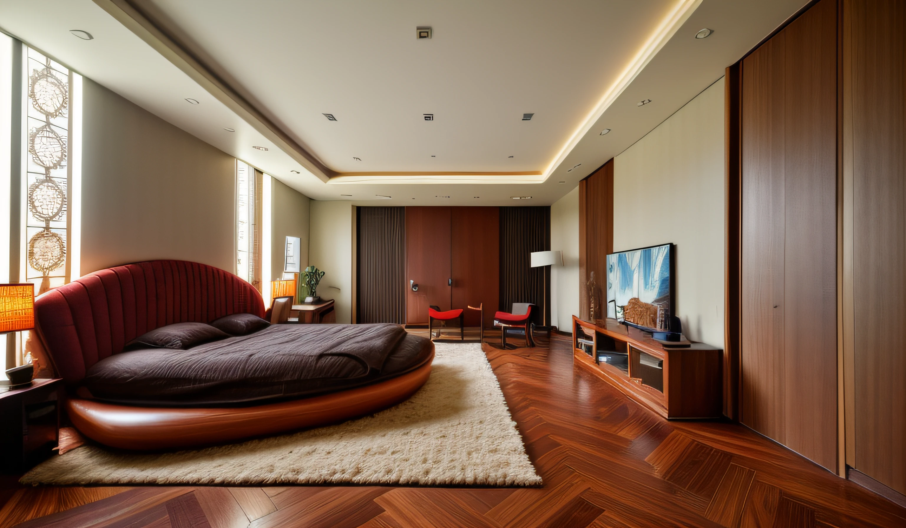 Interior design、Crazy detailed wide-angle building photos、cozy contemporary living room、(Bright warm sunshine 1:0.1)、award-winning contemporary interior design、Red mahogany wood color、DL、a chair、in a house、wooden floor、east asian east asian architecture, lamp lights、buliding、(walnut grain:0.8)、interior design、Insert lights and shadows、depth of fields、low illuminance, led lighting walnut_furniture , flower, food, day, indoors, bag, cup, pillow, book, no_humans, window, bed, fruit, chair, table, sunlight, bottle, curtains, box, scenery, couch, wooden_floor, realistic, door, clock, cushion, shelf, vase, statue, painting_(object), still_life, carpet, picture_(object), rug, reflective_floor