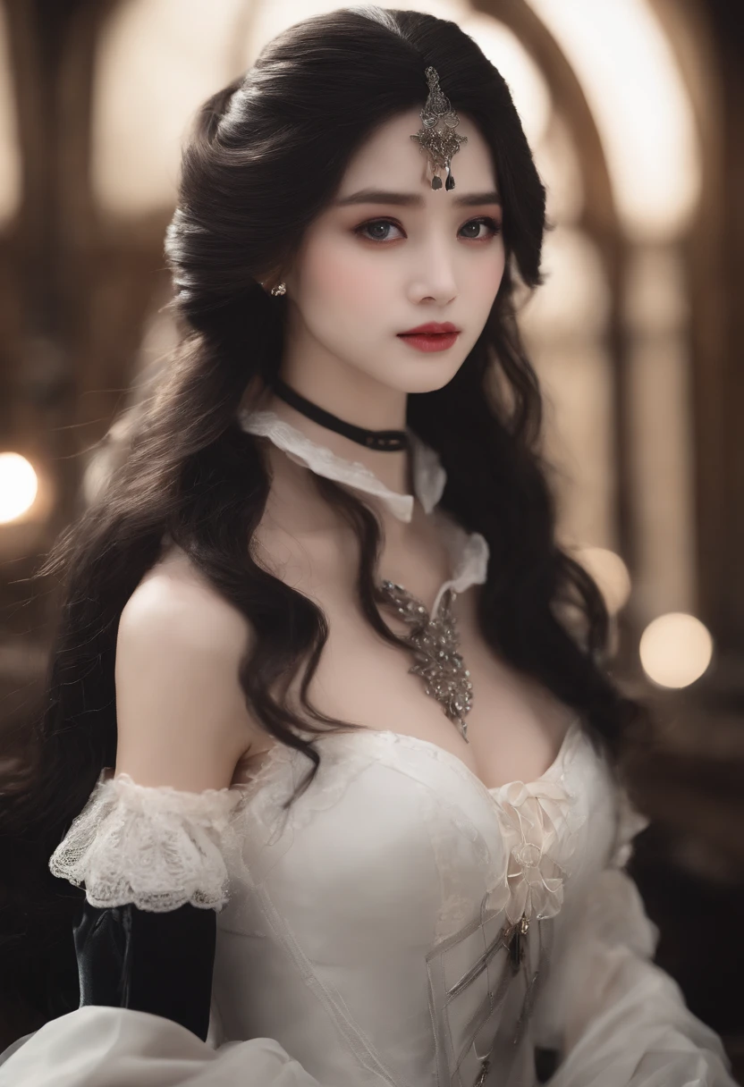 cropped shoulders、Black full dress、、Black and long hair、Blue eyes that glow suspiciously、Crystal clear white skin、tmasterpiece,top-quality,optimum,offcial art,Beautiful and aesthetic however, At first, He was startled by what he saw、coquetry、dual horsetail、Dull hair、adolable、Lori huge breasts cleavage、Vampires、huge tit、A sucker、idoly、Gradient pupils、transparent costume