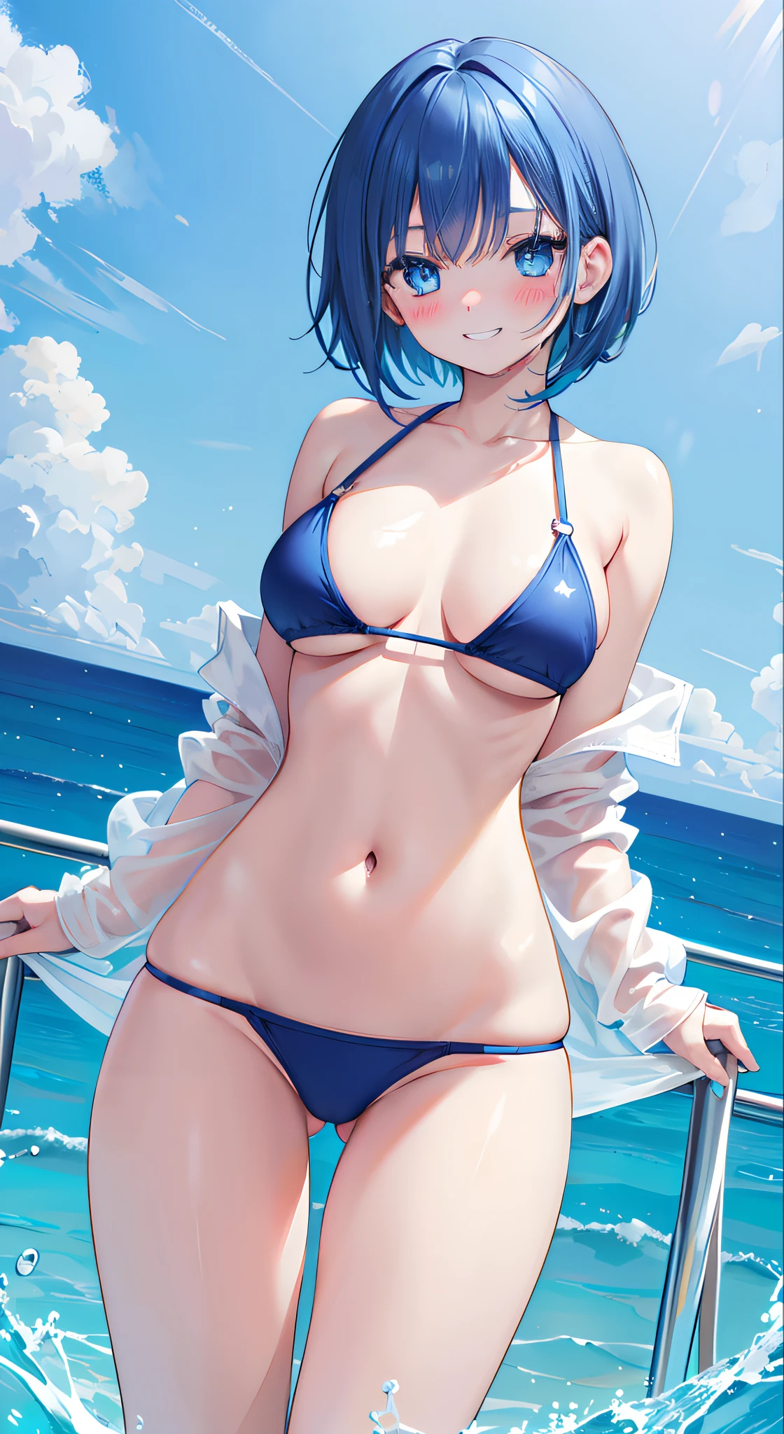 blue eyess、Face with a grin、red blush