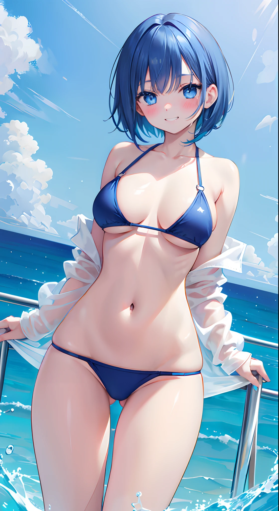blue eyess、Face with a grin、red blush