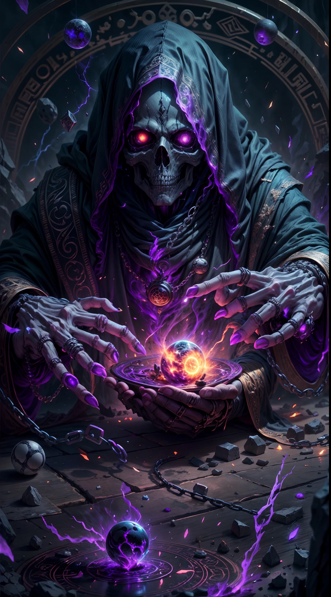 a dark runic skeleton lich, black gold skeleton, magical void energy, glowing eyes, death lightning, death energy ball floating on it's hand, casting a spell, energy cracking, bone hand, dressed in a luxury cloak, astral skulls floating around, earth and rock floating with energy as the lich hold, Detailed glowing runic line floating around, bones and skulls lays on the ground, dark purple energy, floating in the air, energy chain, magic circle on the ground,,Detailed,Realistic,4k highly detailed digital art,octane render, bioluminescent, 8K resolution concept art, realism,by Mappa studios,masterpiece,best quality,official art,illustration,ligne claire,(cool_color),perfect composition,absurdres, fantasy,focused,rule of third
