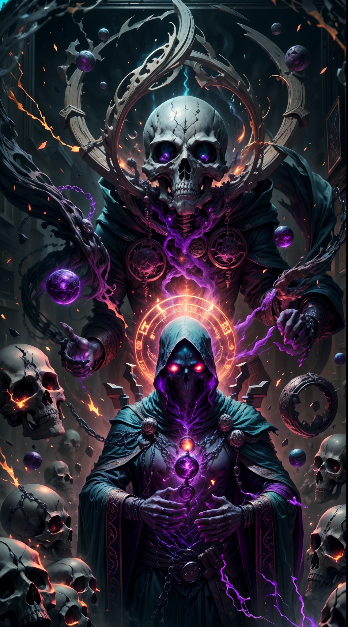 a dark runic skeleton lich, black gold skeleton, magical void energy, glowing eyes, death lightning, death energy ball floating on it's hand, casting a spell, energy cracking, bone hand, dressed in a luxury cloak, astral skulls floating around, earth and rock floating with energy as the lich hold, Detailed glowing runic line floating around, bones and skulls lays on the ground, dark purple energy, floating in the air, energy chain, magic circle on the ground,,Detailed,Realistic,4k highly detailed digital art,octane render, bioluminescent, 8K resolution concept art, realism,by Mappa studios,masterpiece,best quality,official art,illustration,ligne claire,(cool_color),perfect composition,absurdres, fantasy,focused,rule of third