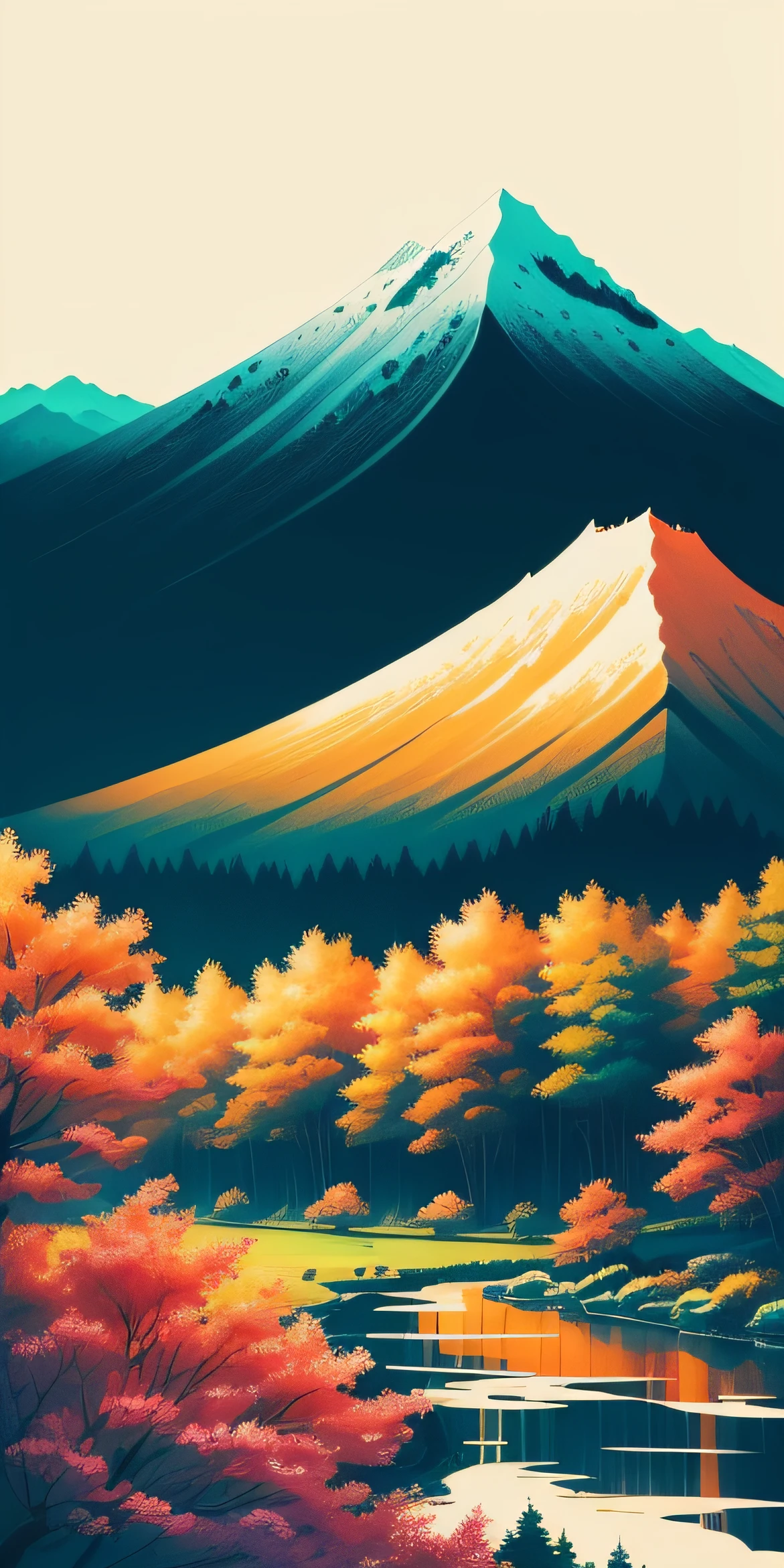(masterpiece, best quality: 1.2), shukizuma, negative space, shuimobysim, ink painting, colorful colors, traditional Chinese, mountain, trees, (smile), looking at the viewer, saturation, bright colors, neon